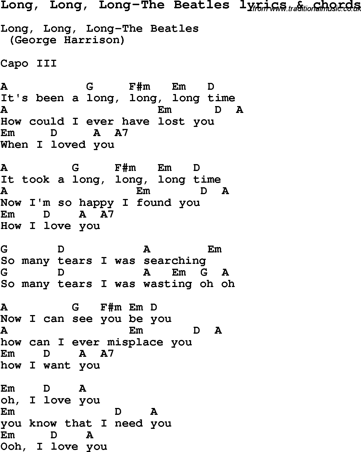 Love Song Lyrics for: Long, Long, Long-The Beatles with chords for Ukulele, Guitar Banjo etc.
