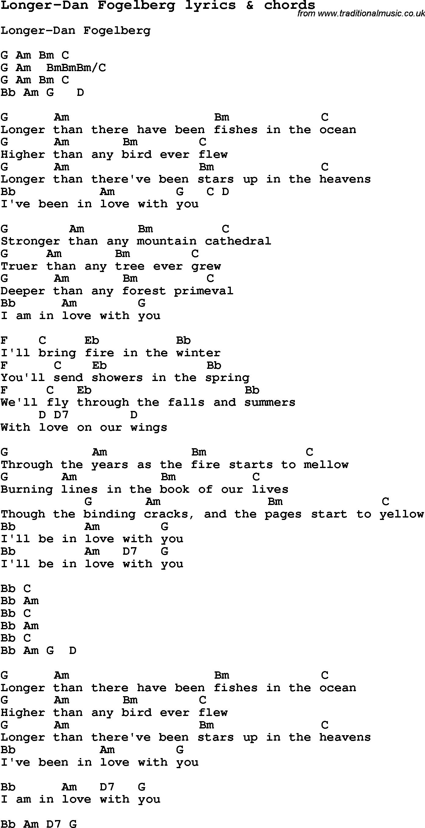Love Song Lyrics for: Longer-Dan Fogelberg with chords for Ukulele, Guitar Banjo etc.