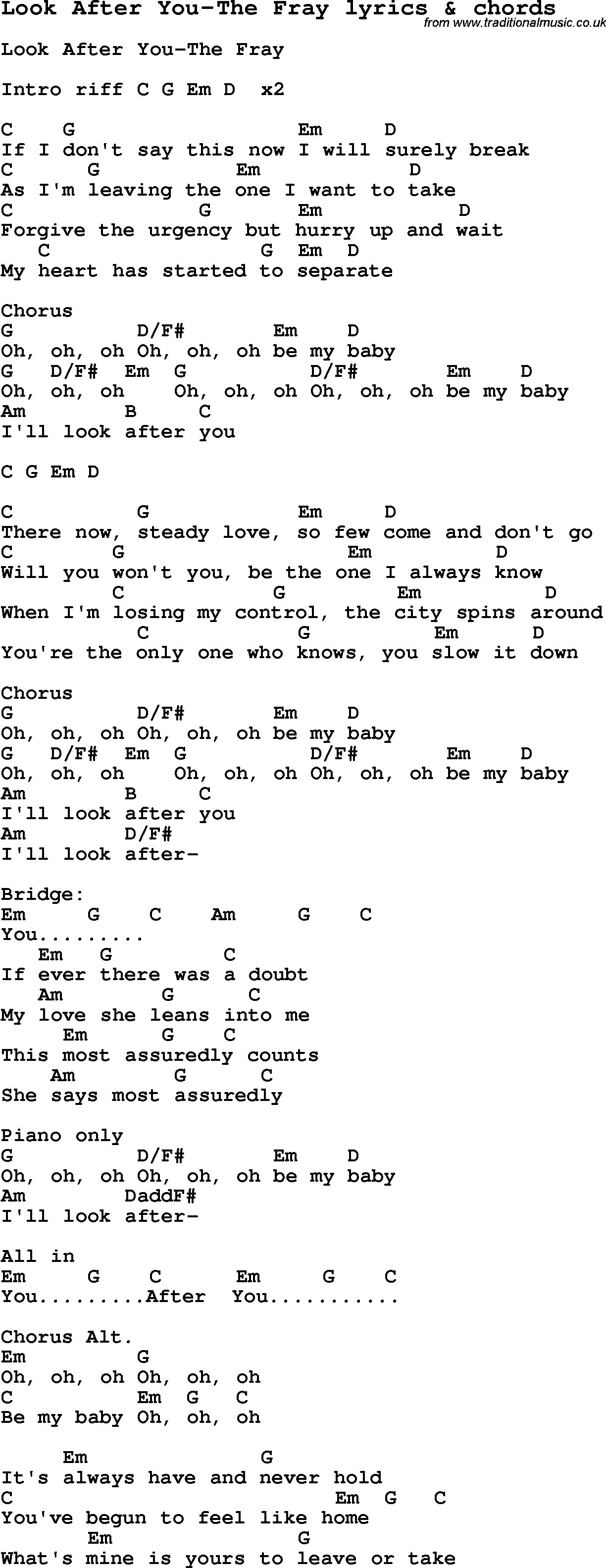 Love Song Lyrics for: Look After You-The Fray with chords for Ukulele, Guitar Banjo etc.