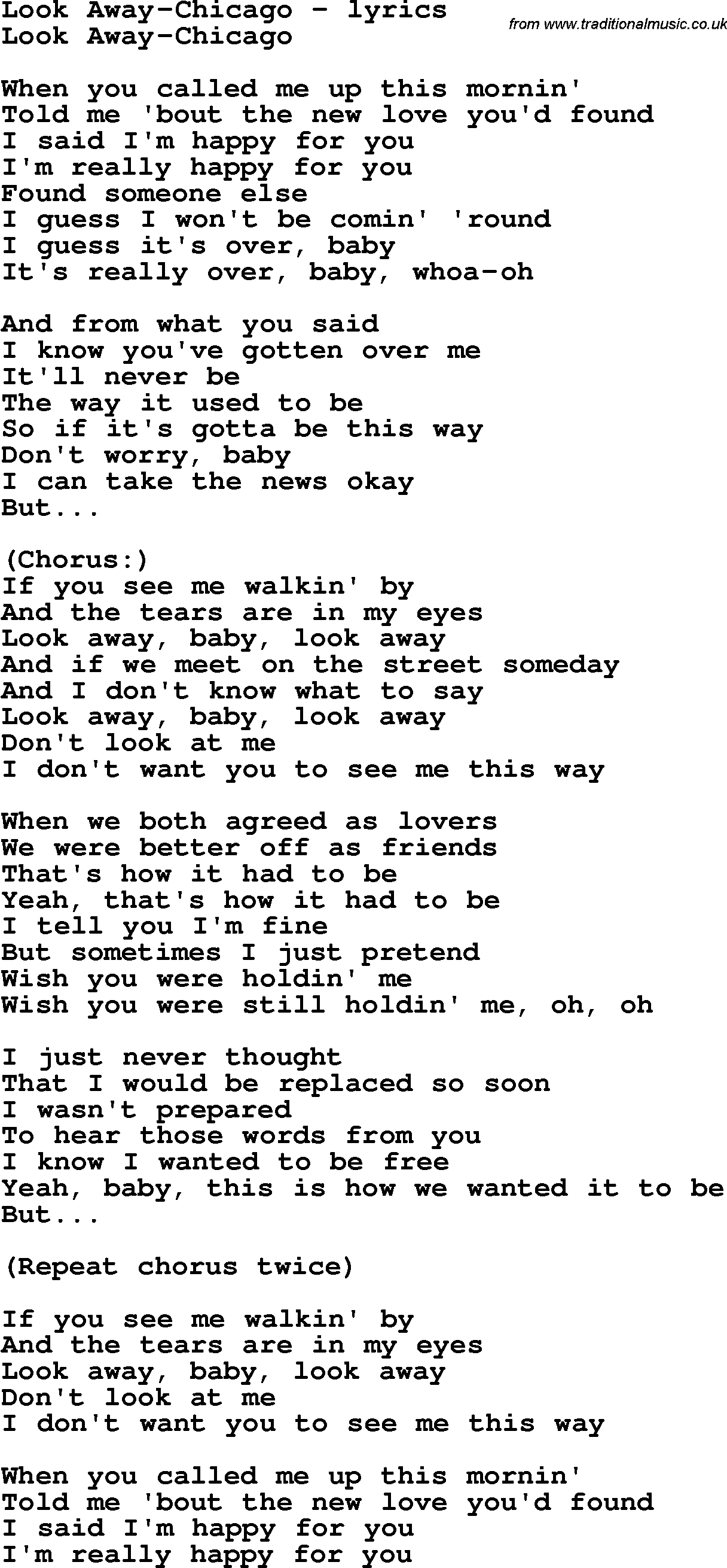Love Song Lyrics for: Look Away-Chicago