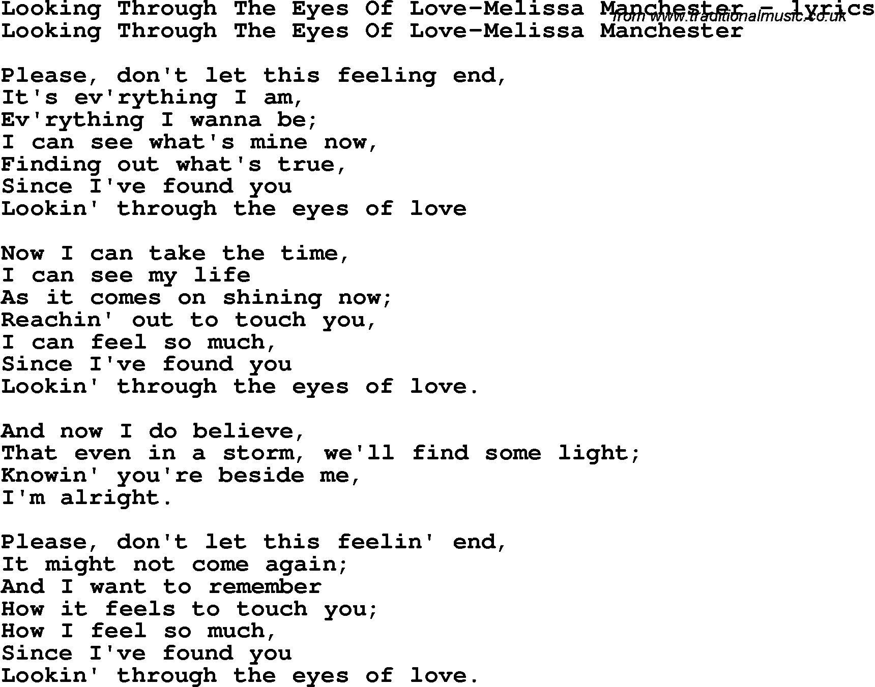 Love Song Lyrics for: Looking Through The Eyes Of Love-Melissa Manchester