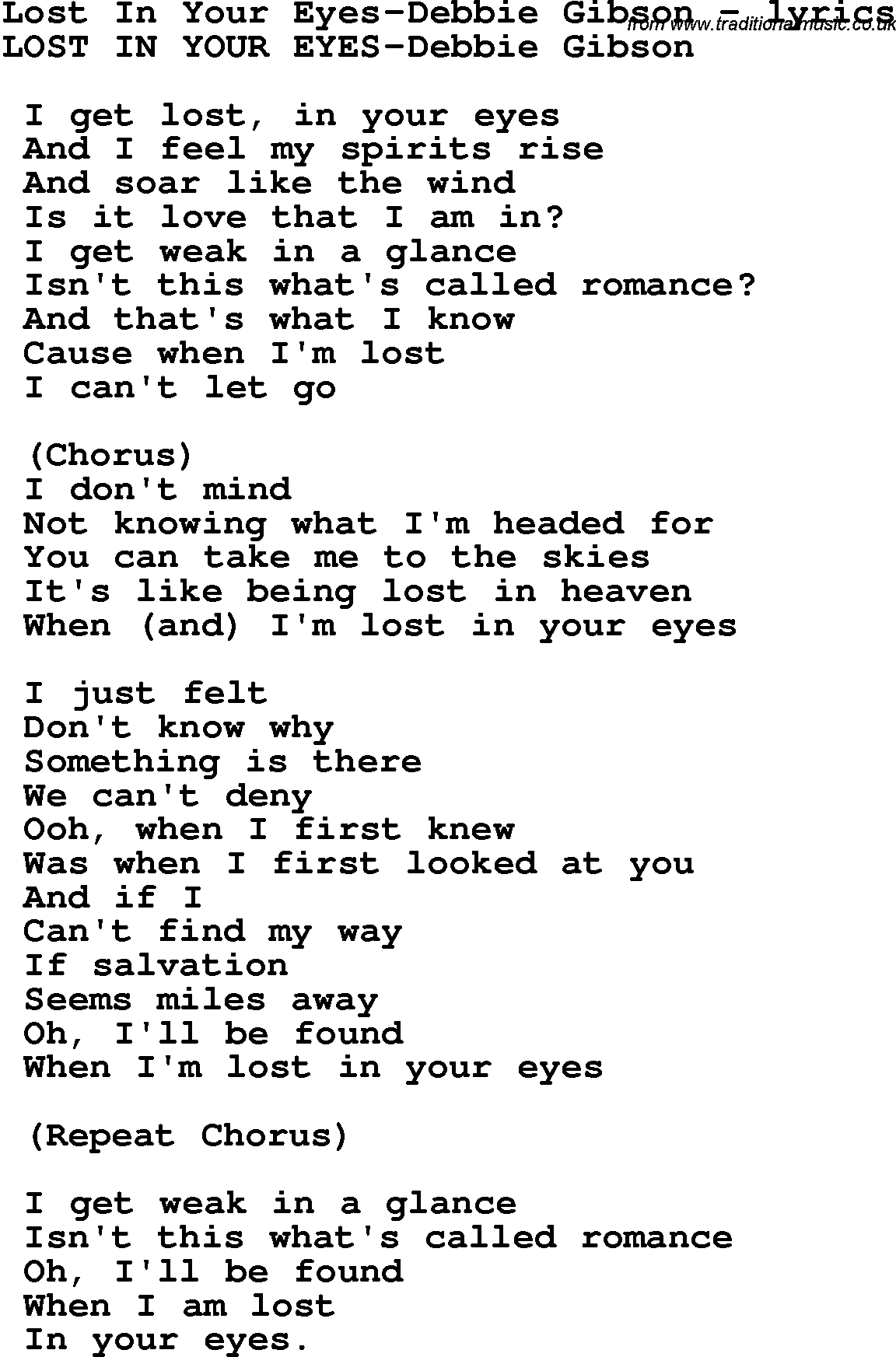 Love Song Lyrics for: Lost In Your Eyes-Debbie Gibson