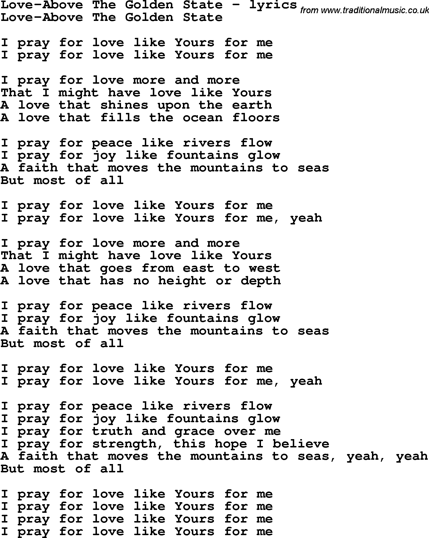 Love Song Lyrics for: Love-Above The Golden State