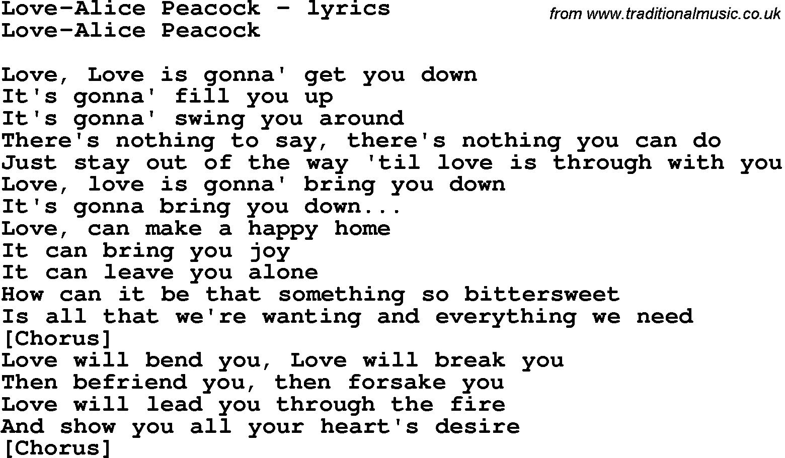 Love Song Lyrics for: Love-Alice Peacock