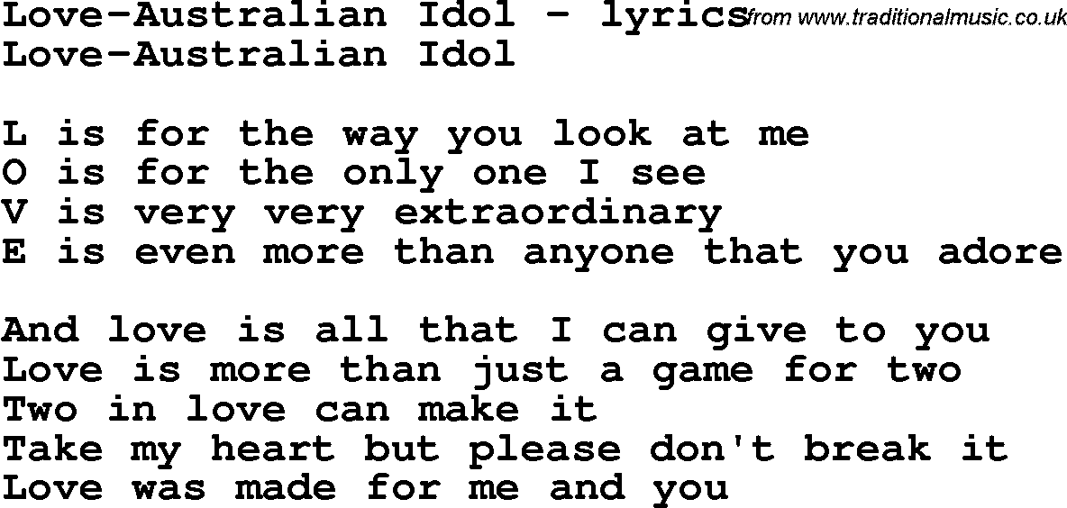 Love Song Lyrics for: Love-Australian Idol