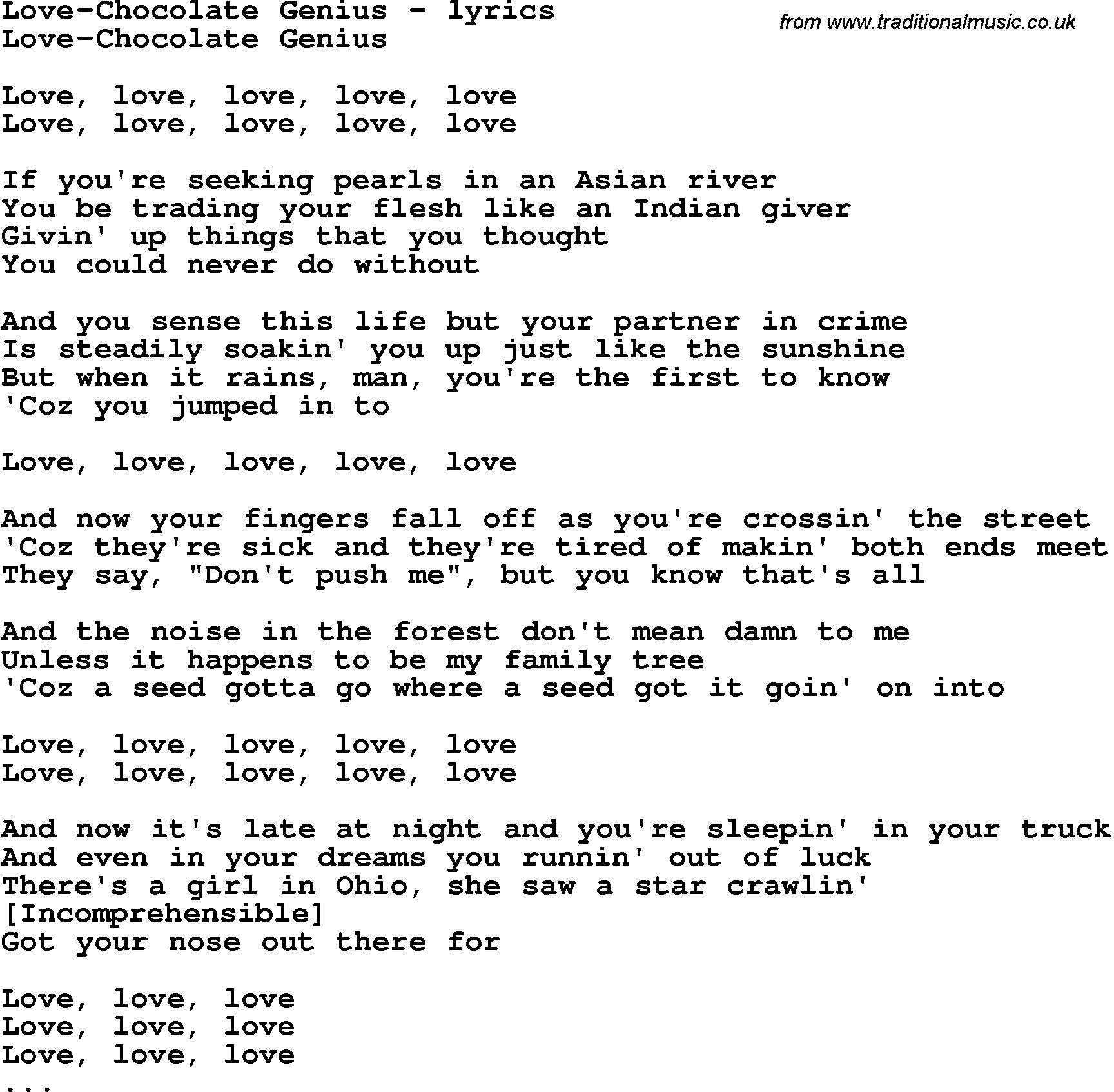 Love Song Lyrics for: Love-Chocolate Genius