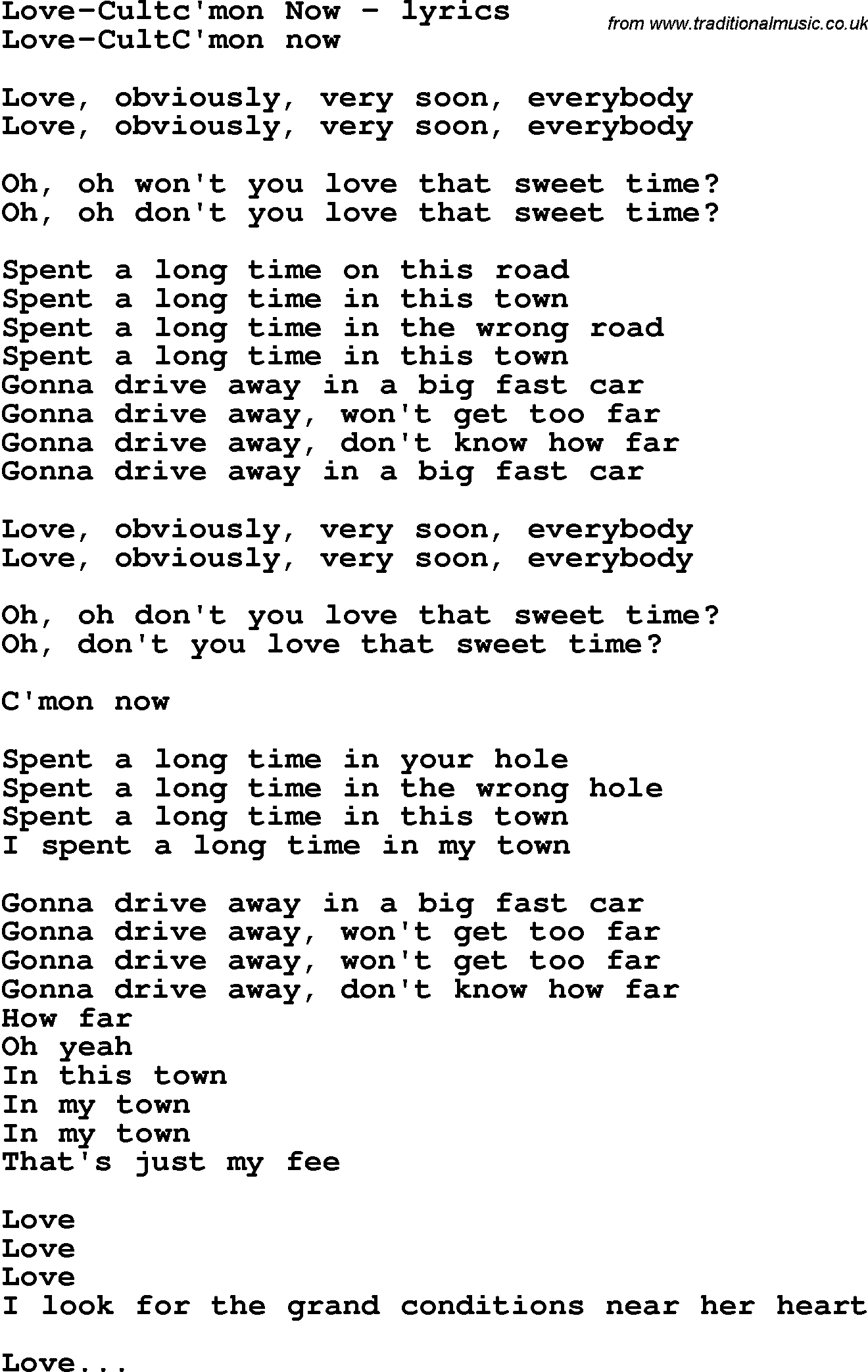 Love Song Lyrics for: Love-Cultc'mon Now