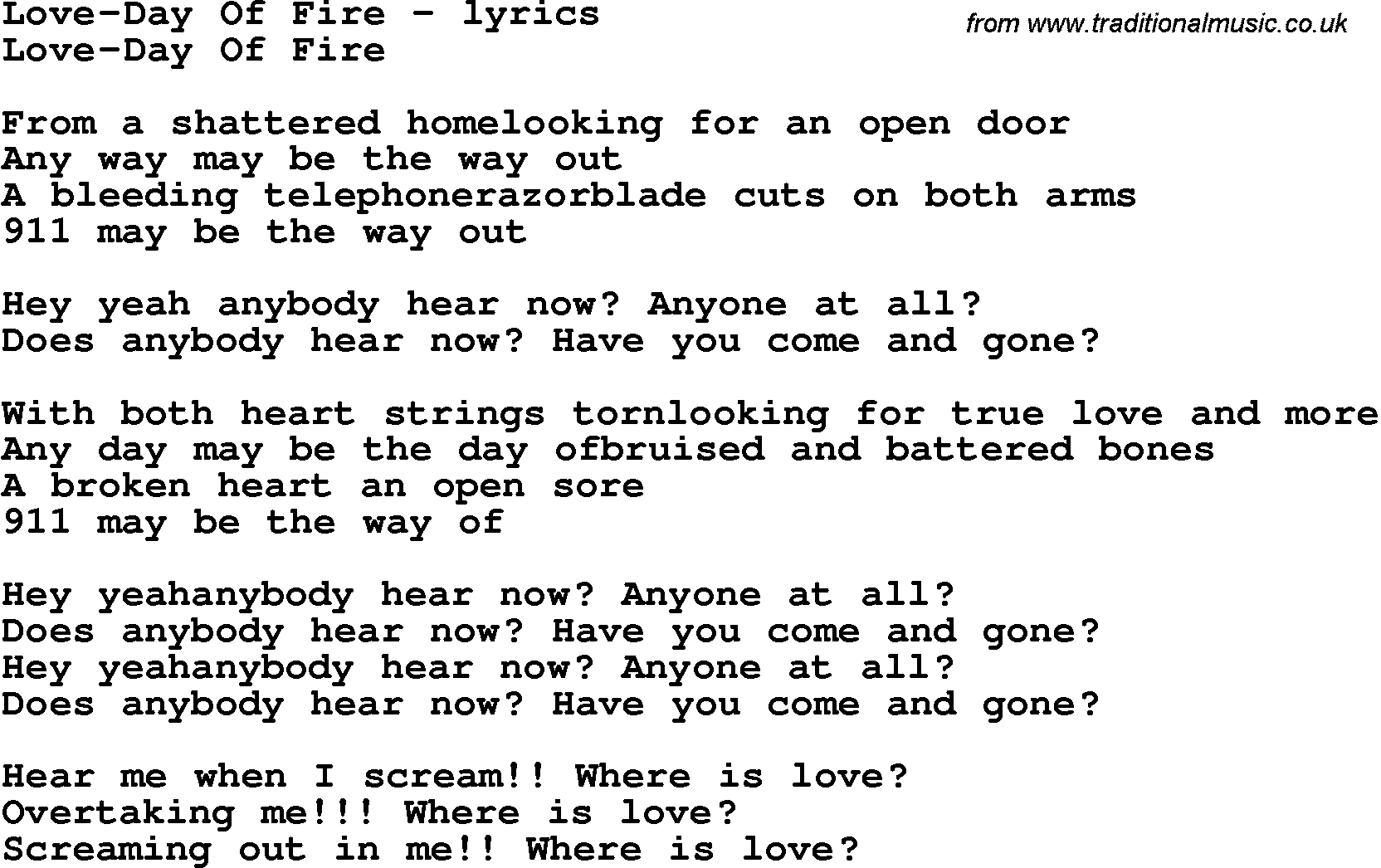 Love Song Lyrics for: Love-Day Of Fire