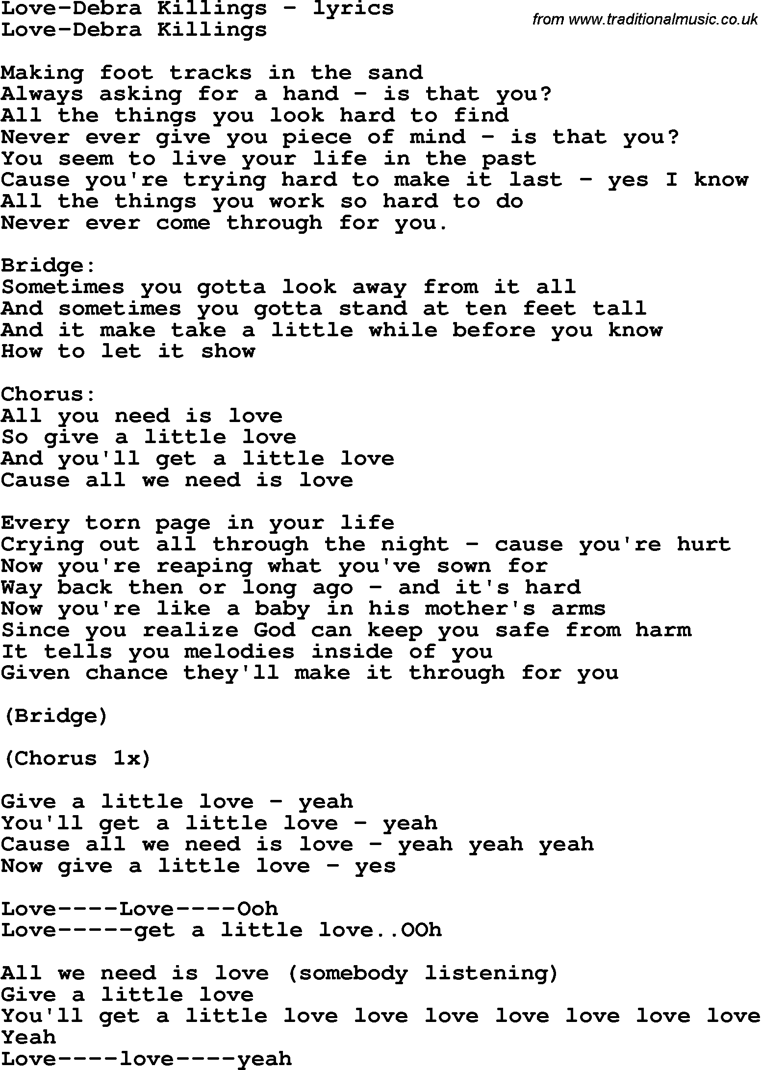 Love Song Lyrics for: Love-Debra Killings