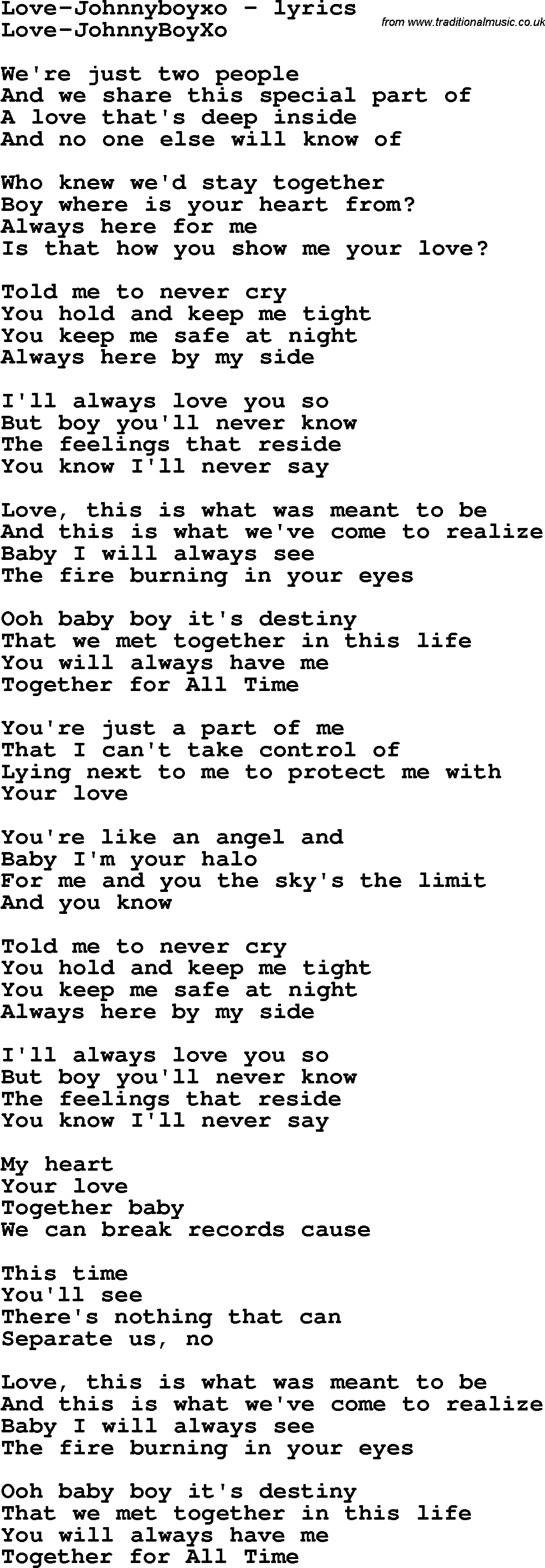 Love Song Lyrics for: Love-Johnnyboyxo