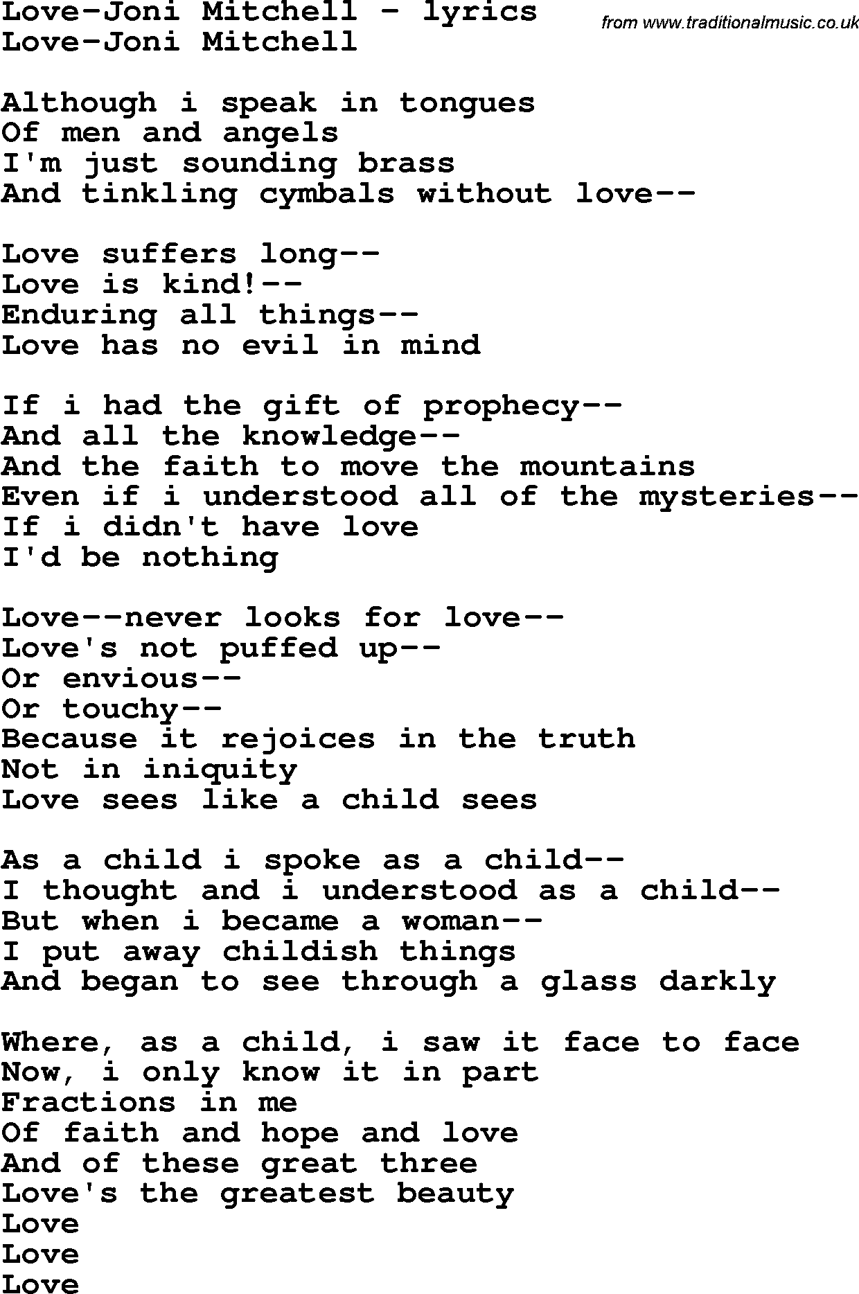 Love Song Lyrics for: Love-Joni Mitchell