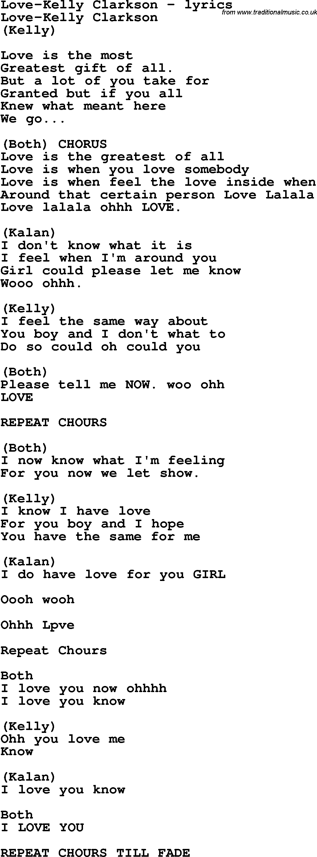 Love Song Lyrics for: Love-Kelly Clarkson