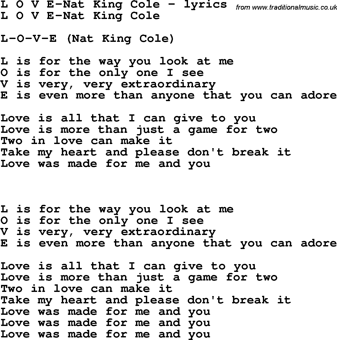 Love Song Lyrics for: L O V E-Nat King Cole