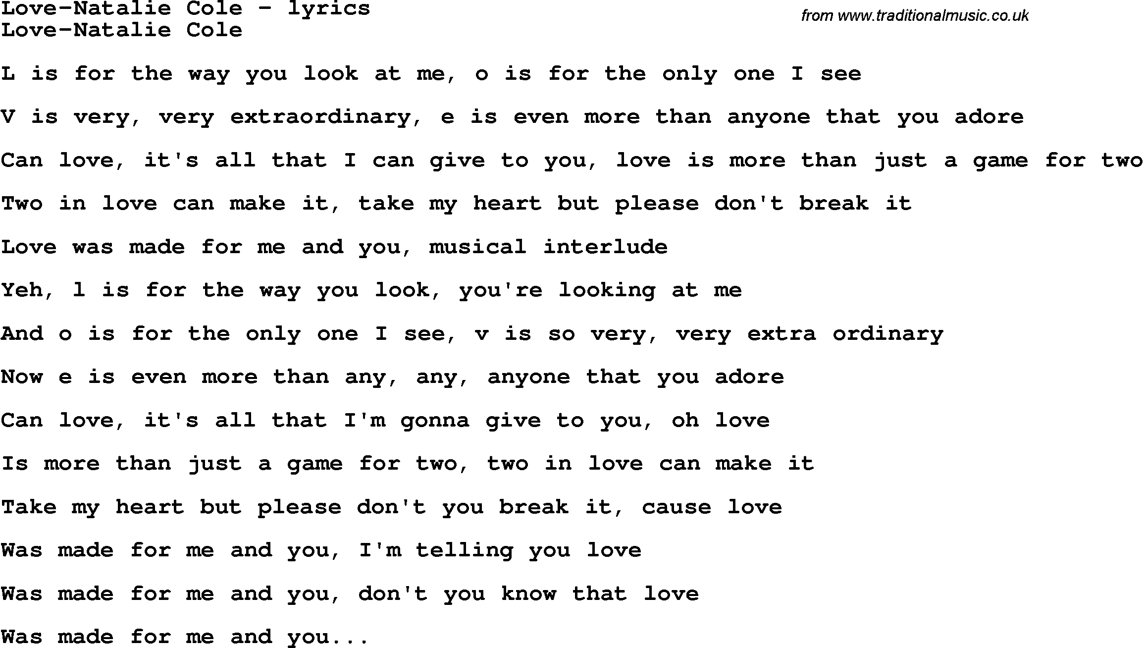 Love Song Lyrics for: Love-Natalie Cole
