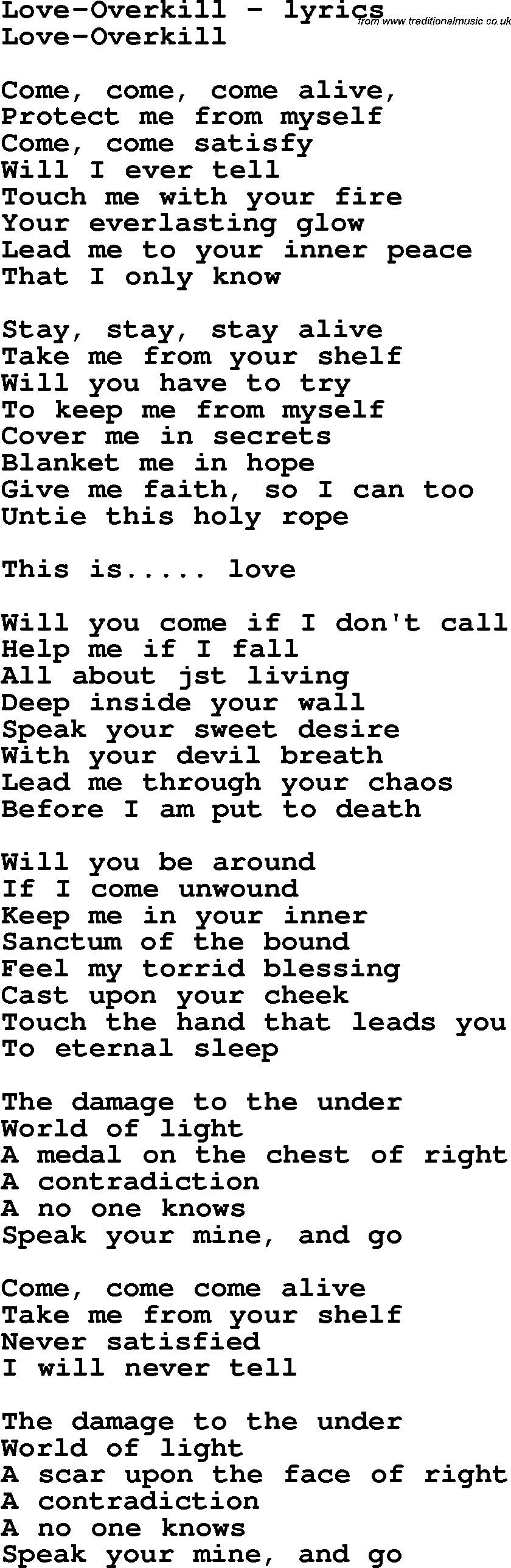 Love Song Lyrics for: Love-Overkill