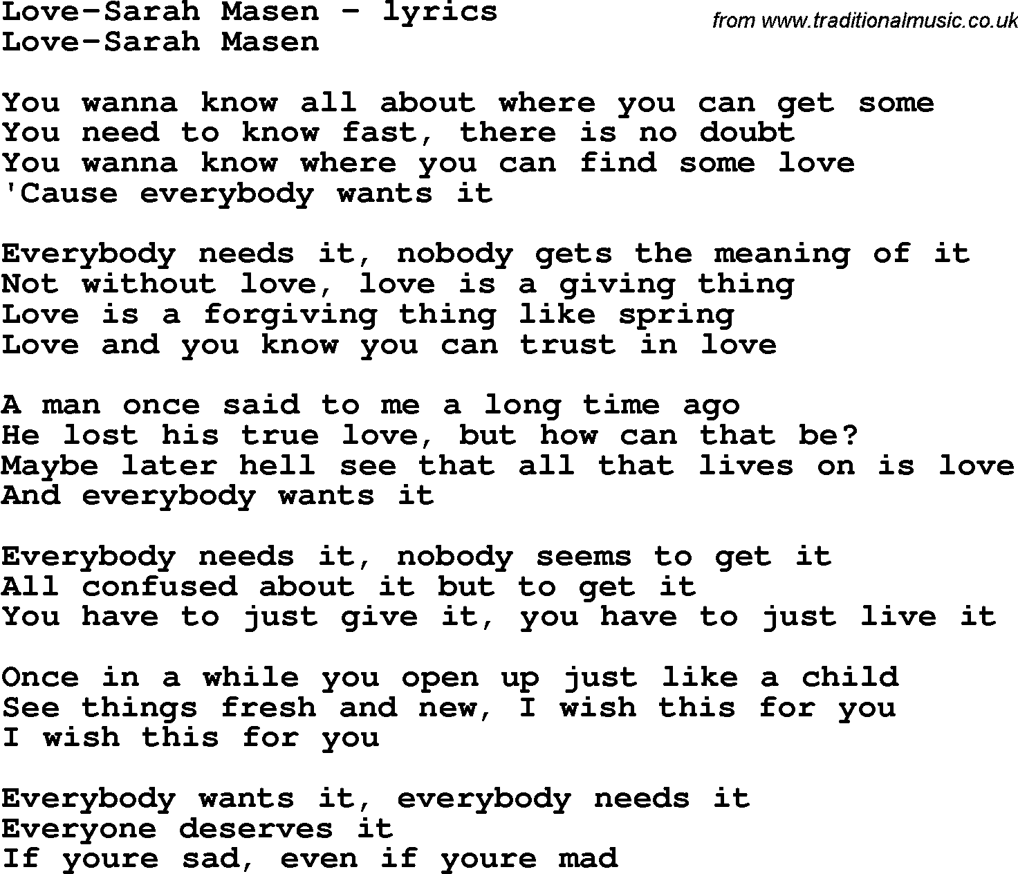 Love Song Lyrics for: Love-Sarah Masen