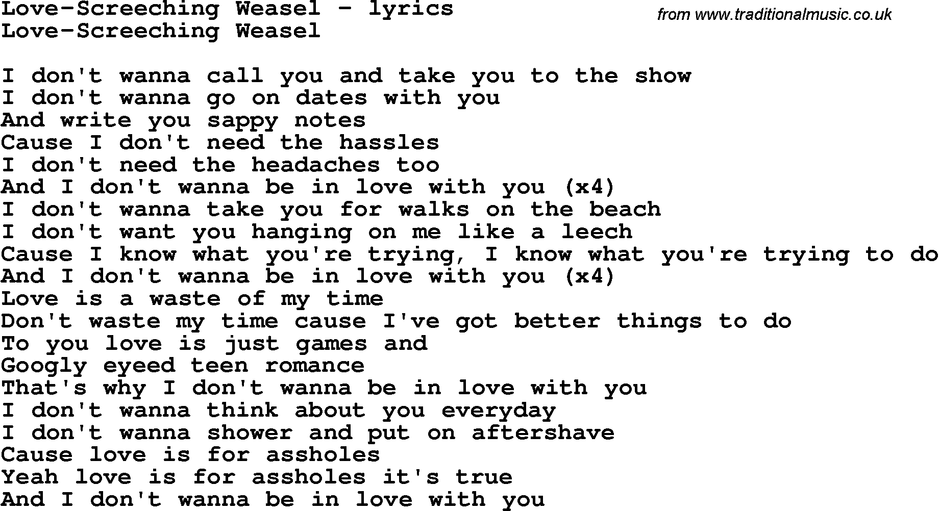 Love Song Lyrics for: Love-Screeching Weasel