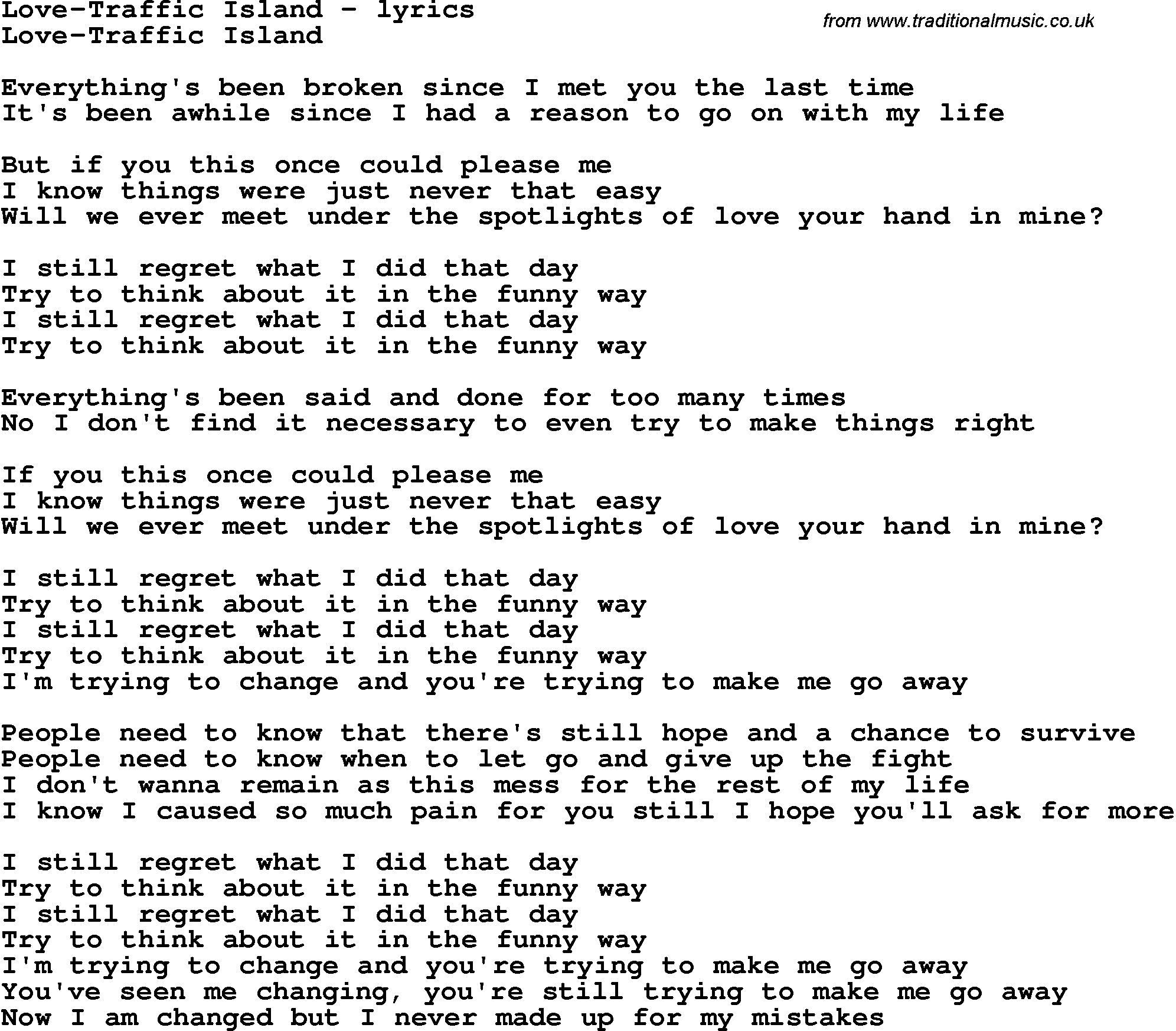 Love Song Lyrics for: Love-Traffic Island