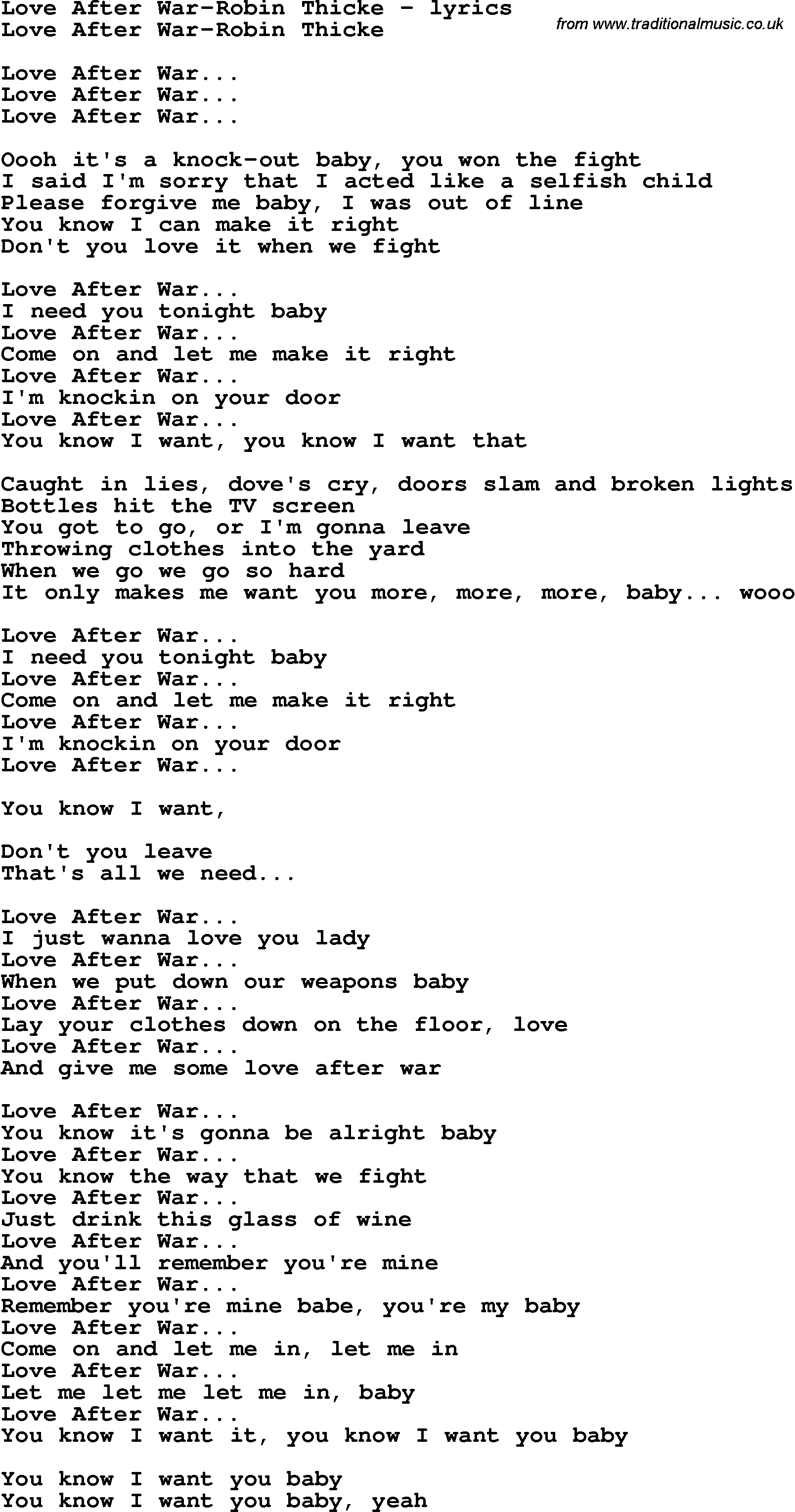 Love Song Lyrics for: Love After War-Robin Thicke