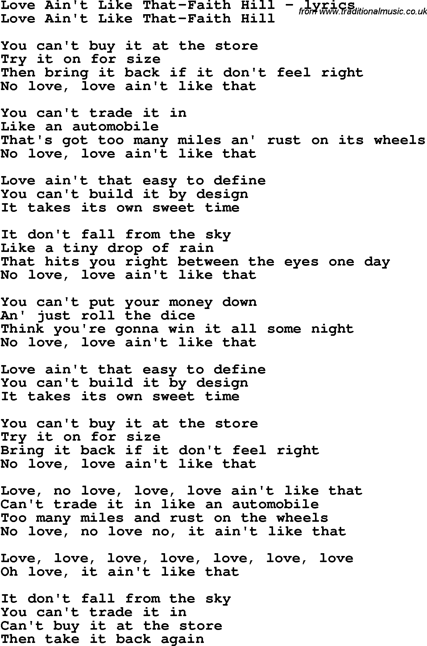 Love Song Lyrics for: Love Ain't Like That-Faith Hill