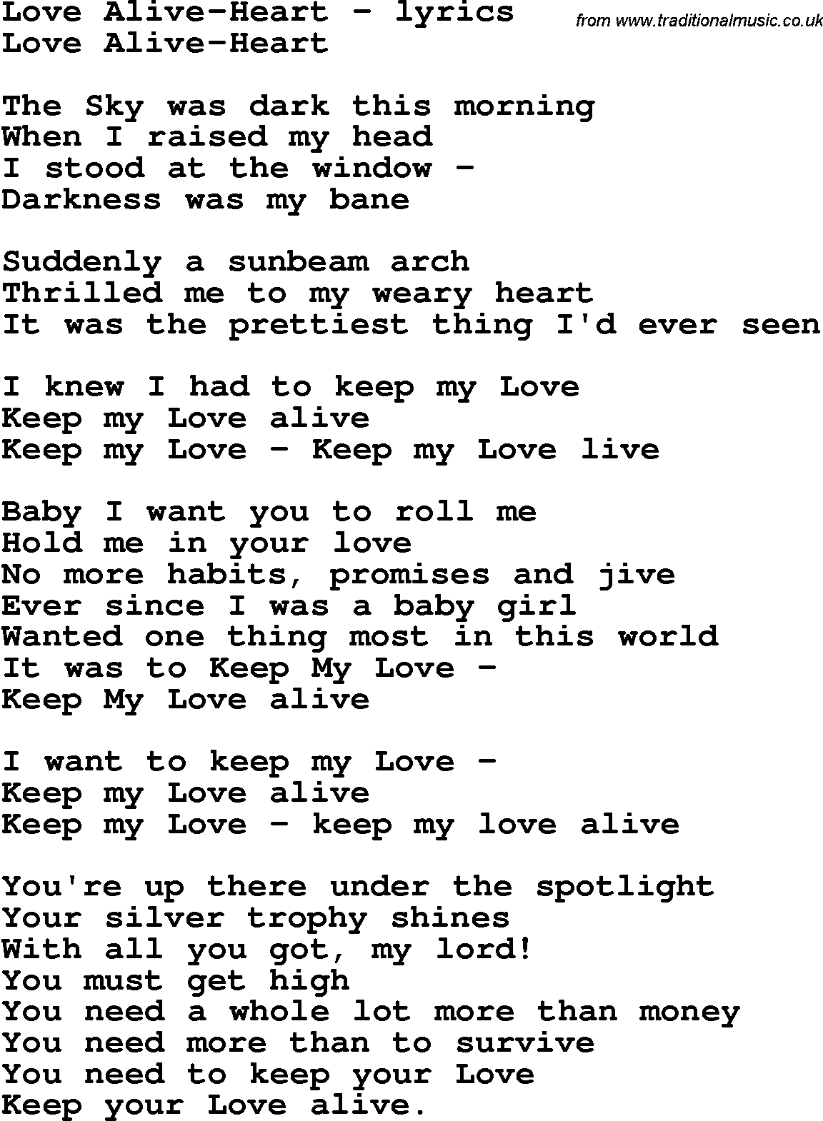 Love Song Lyrics for: Love Alive-Heart