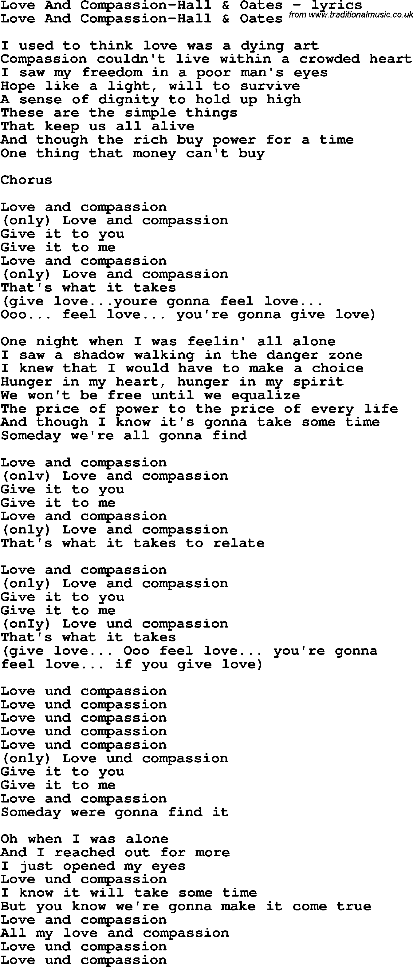Love Song Lyrics for: Love And Compassion-Hall & Oates