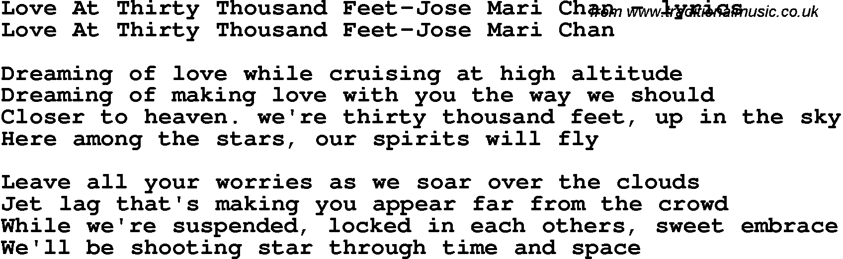 Love Song Lyrics for: Love At Thirty Thousand Feet-Jose Mari Chan