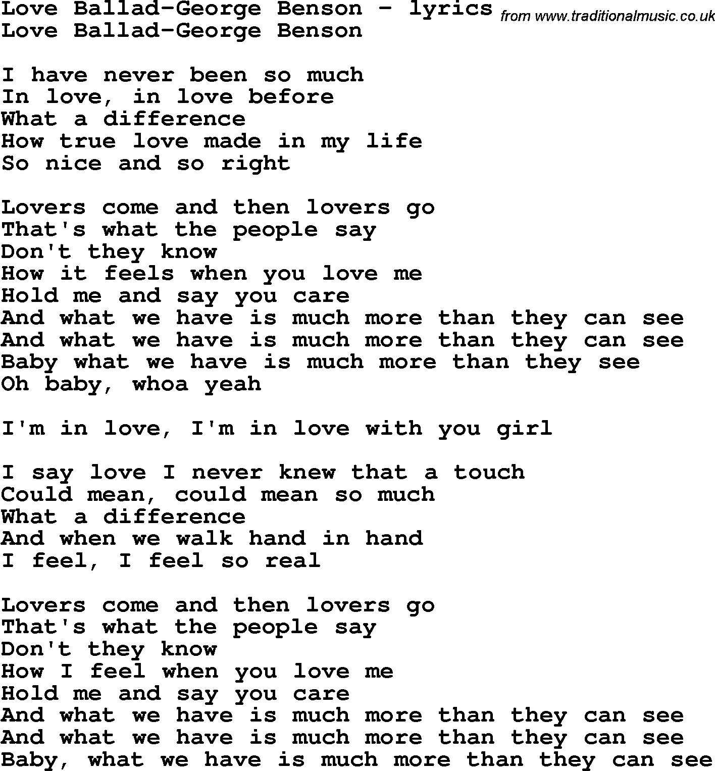 Love Song Lyrics for: Love Ballad-George Benson