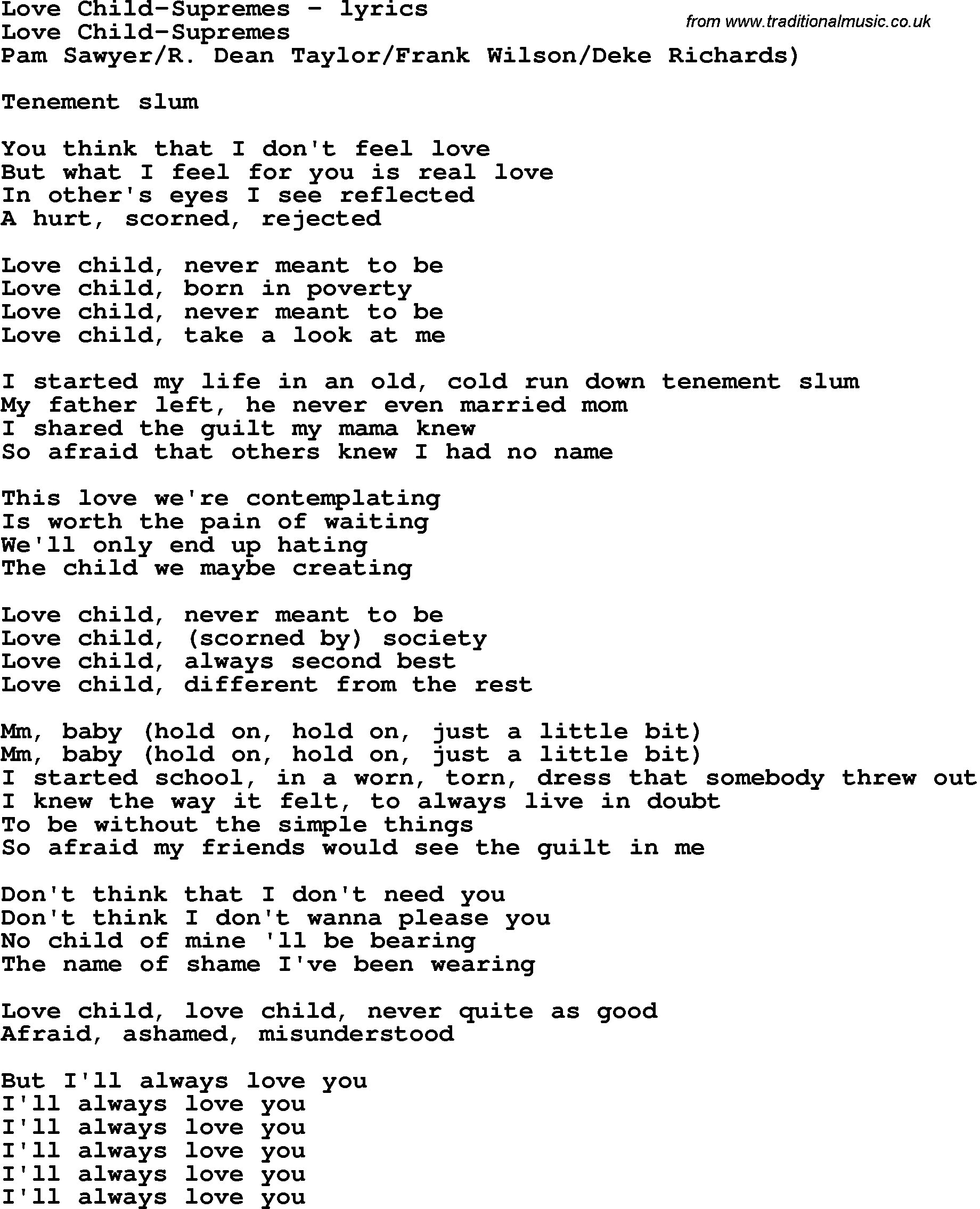 Love Song Lyrics for: Love Child-Supremes
