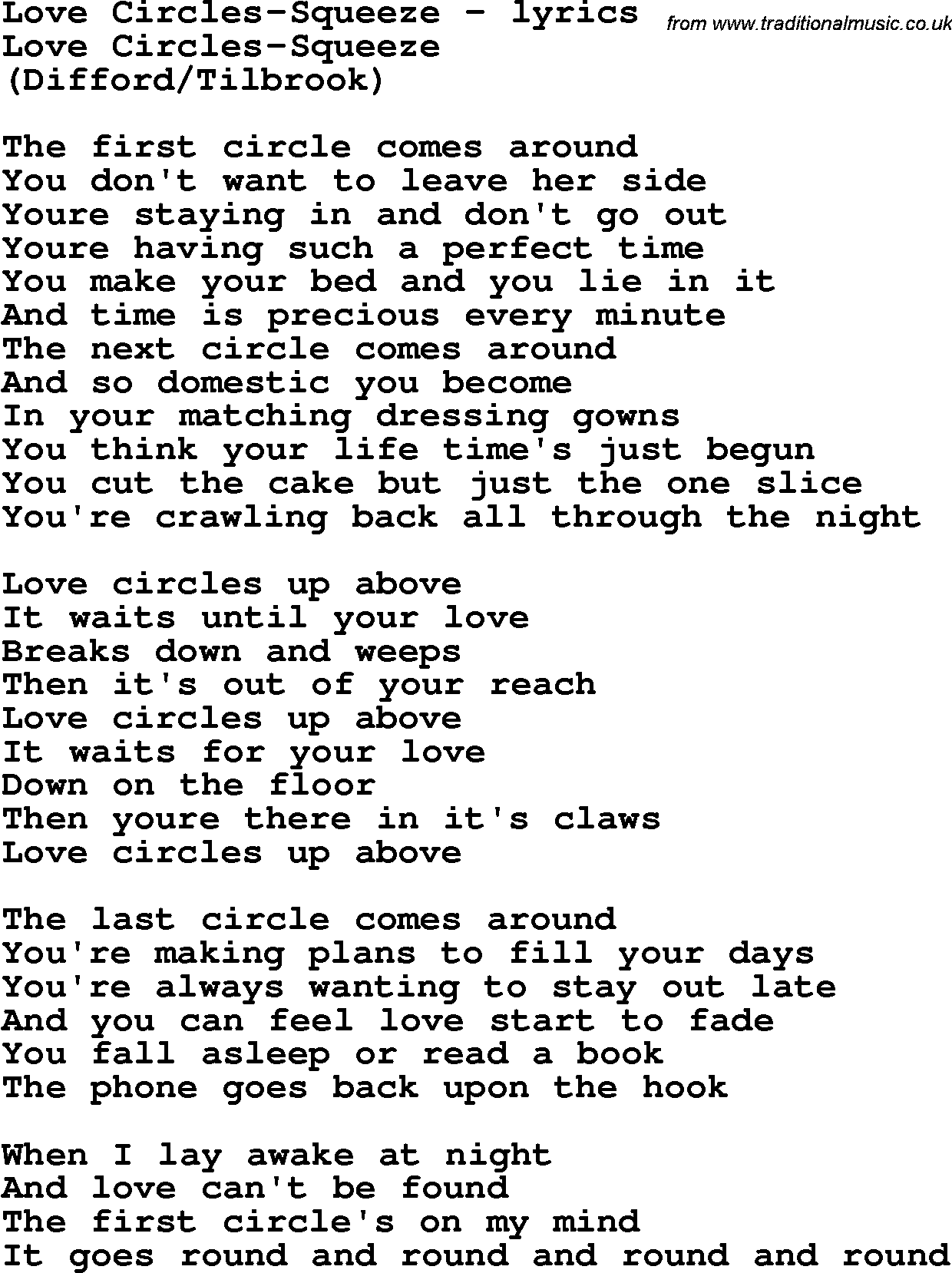 Love Song Lyrics for: Love Circles-Squeeze