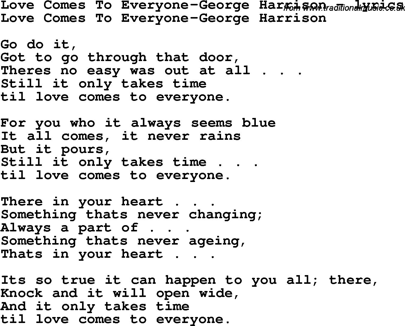 Love Song Lyrics for: Love Comes To Everyone-George Harrison
