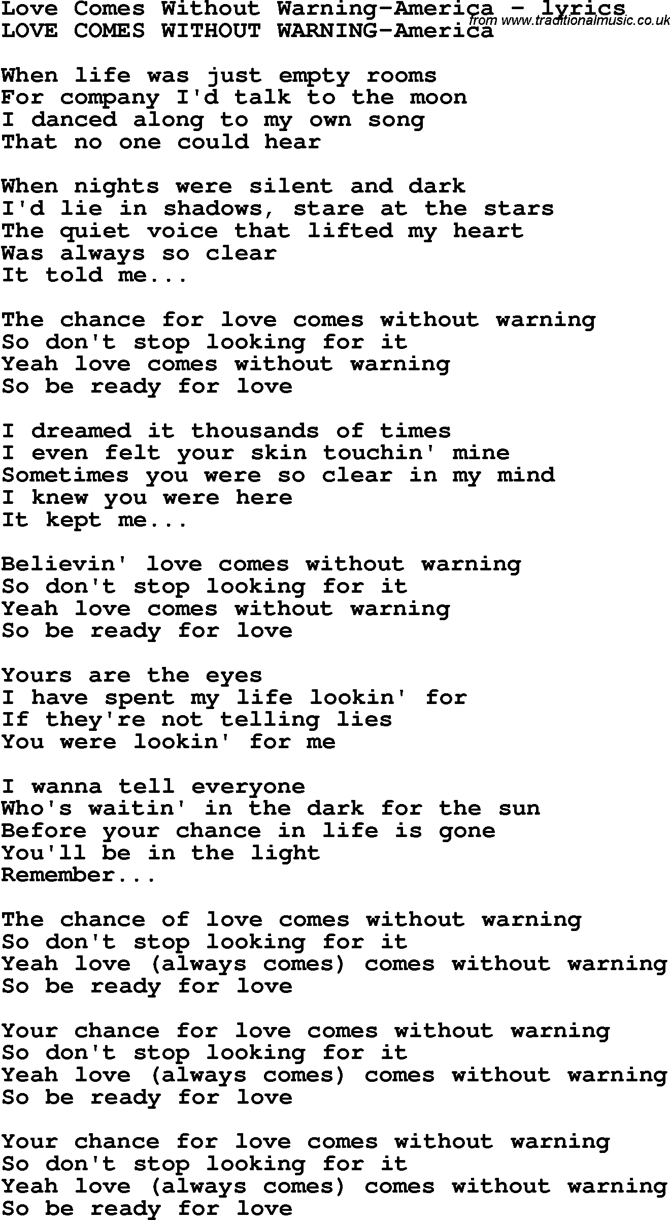 Love Song Lyrics for: Love Comes Without Warning-America