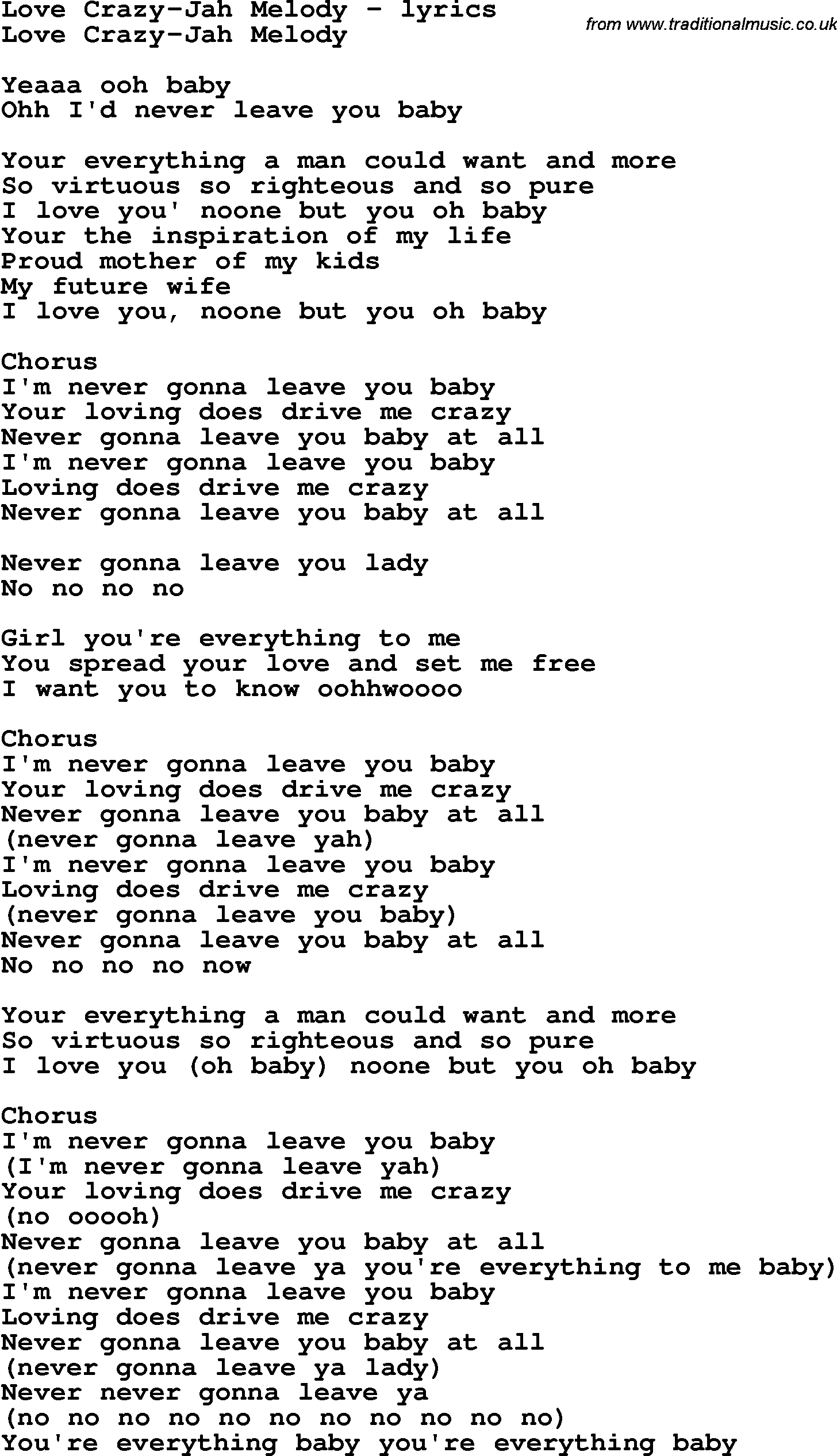 Love Song Lyrics for: Love Crazy-Jah Melody