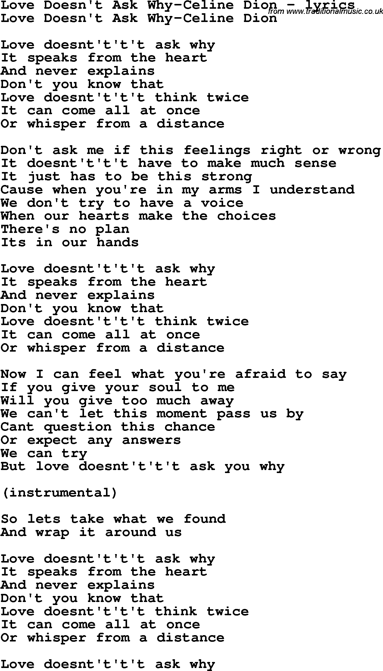 Love Song Lyrics for: Love Doesn't Ask Why-Celine Dion