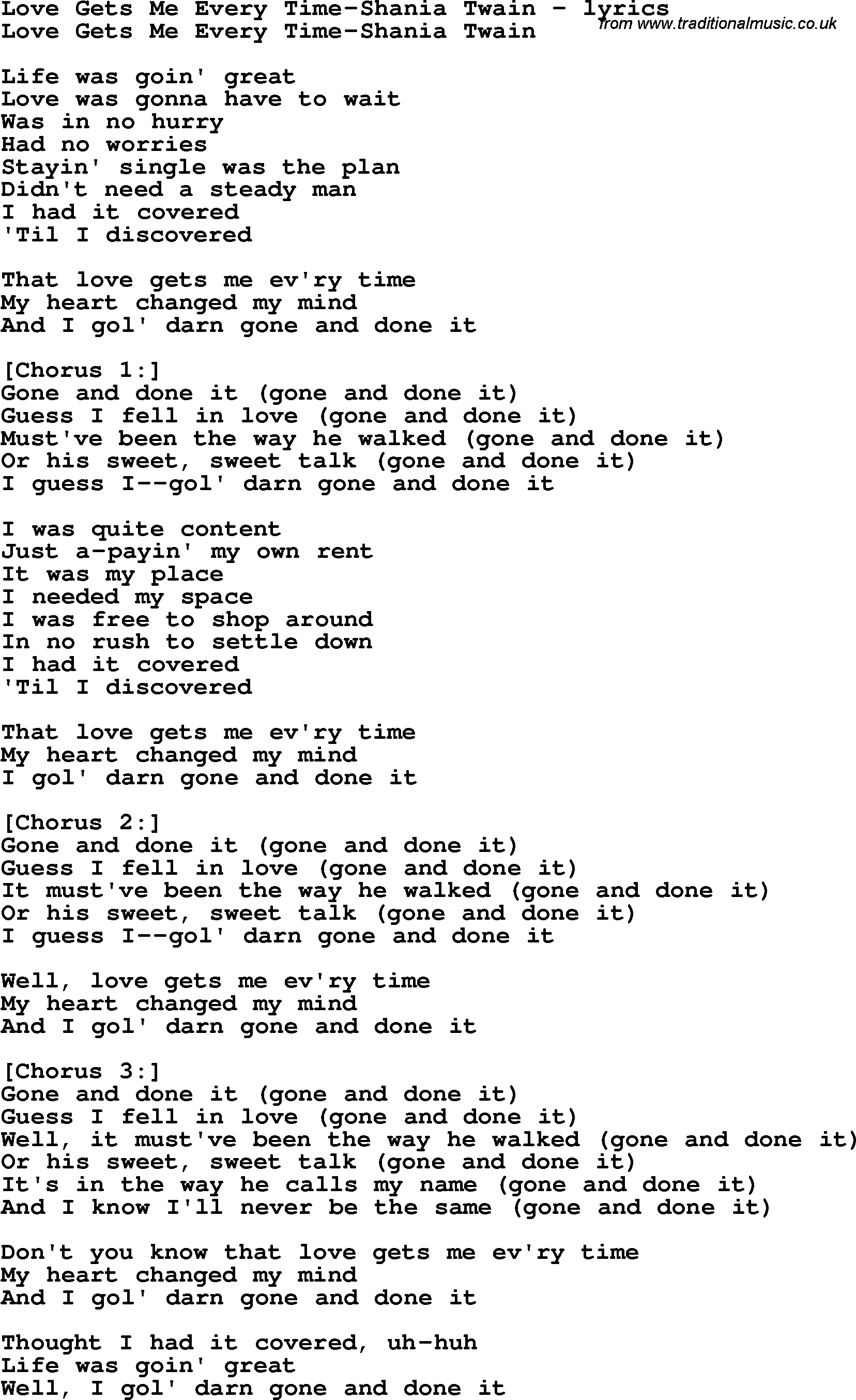 Love Song Lyrics for: Love Gets Me Every Time-Shania Twain