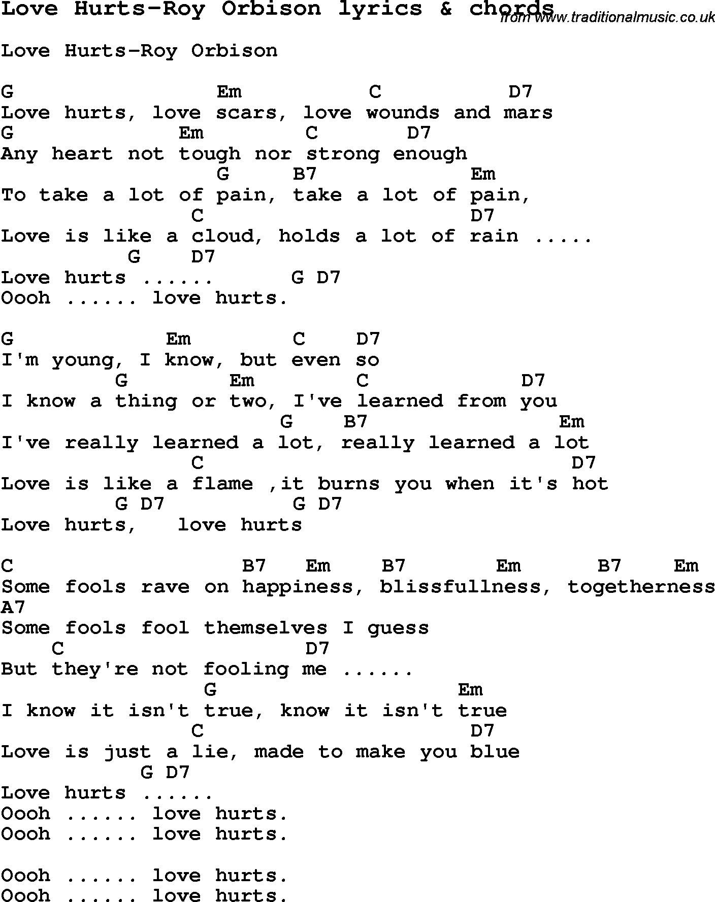 Love Song Lyrics for: Love Hurts-Roy Orbison with chords for Ukulele, Guitar Banjo etc.
