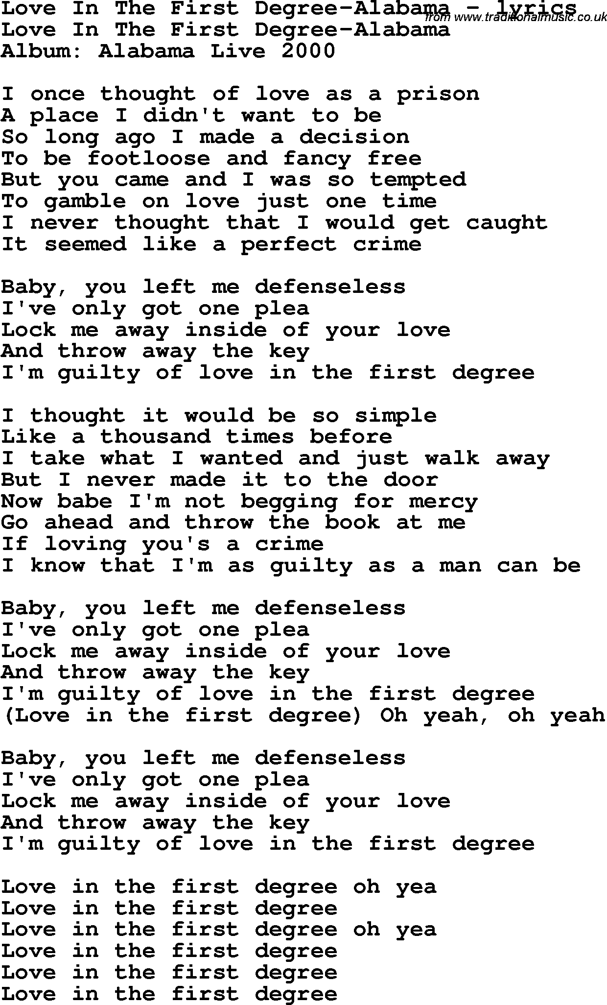 Love Song Lyrics for: Love In The First Degree-Alabama
