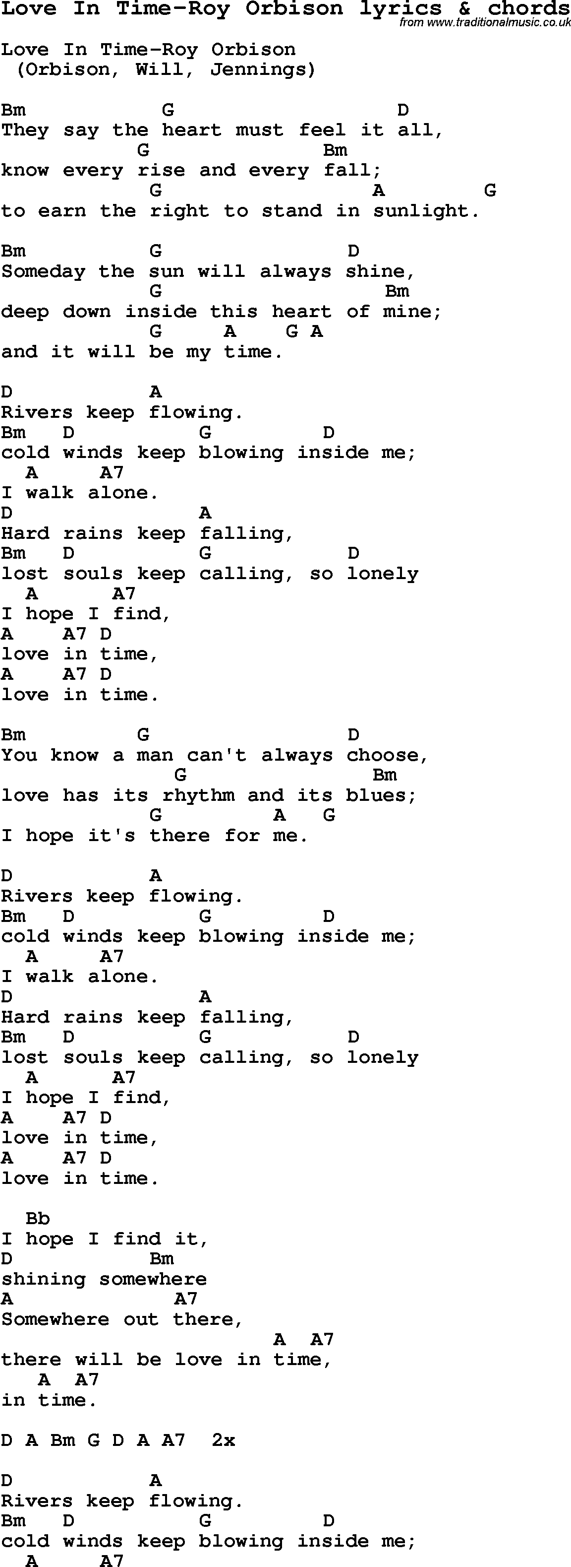 Love Song Lyrics for: Love In Time-Roy Orbison with chords for Ukulele, Guitar Banjo etc.