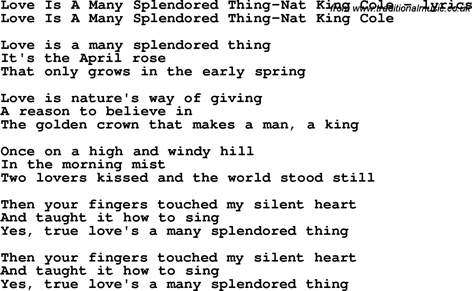 Love Song Lyrics for: Love Is A Many Splendored Thing-Nat King Cole