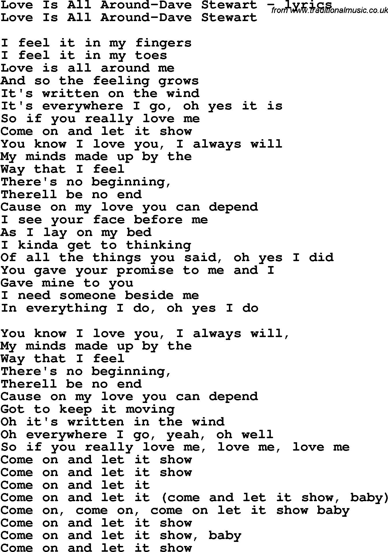 Love Song Lyrics for: Love Is All Around-Dave Stewart