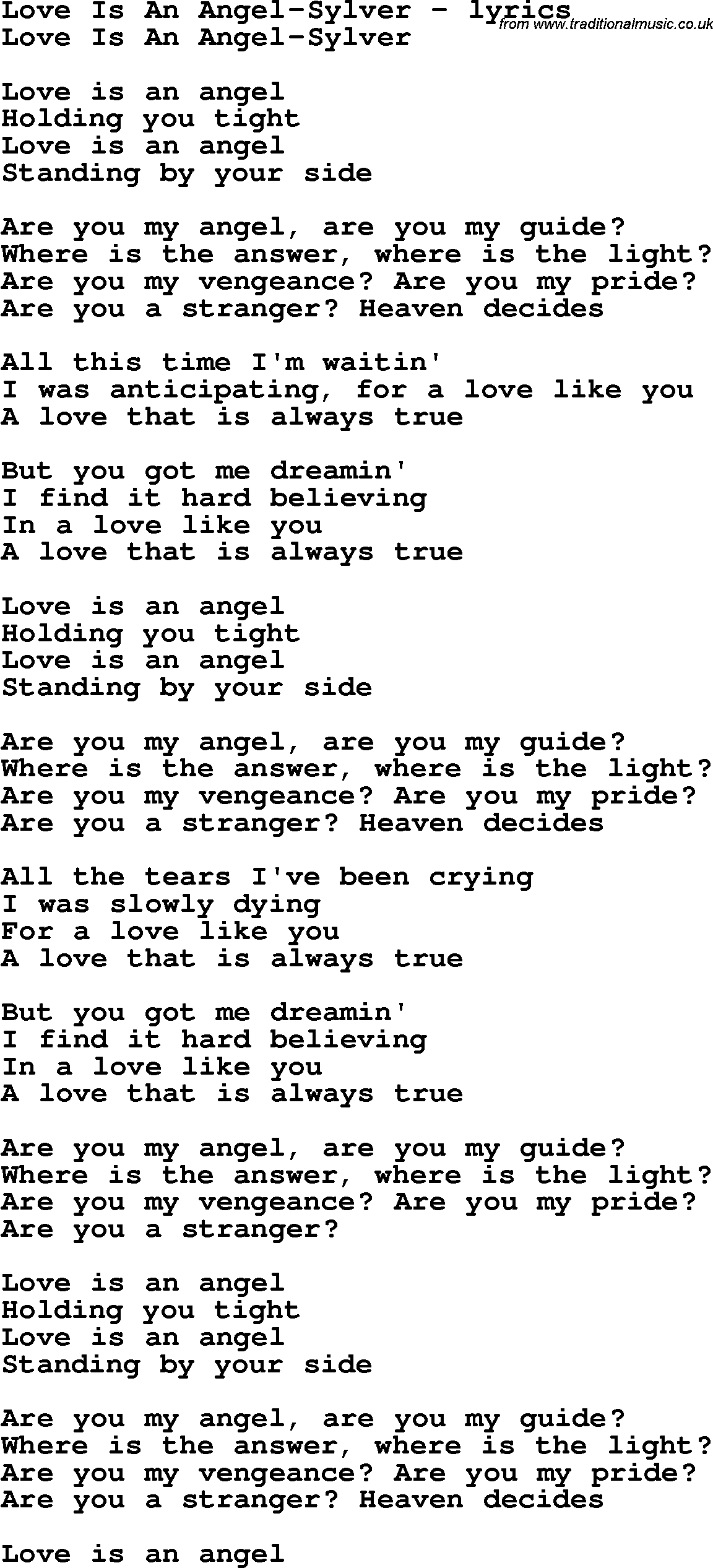 Love Song Lyrics for: Love Is An Angel-Sylver
