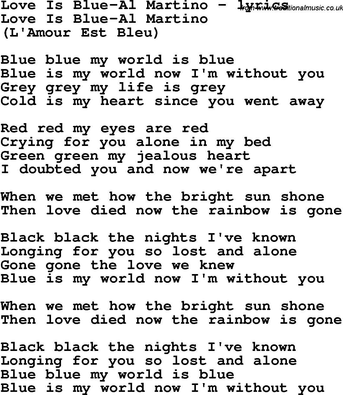 Love Song Lyrics for: Love Is Blue-Al Martino