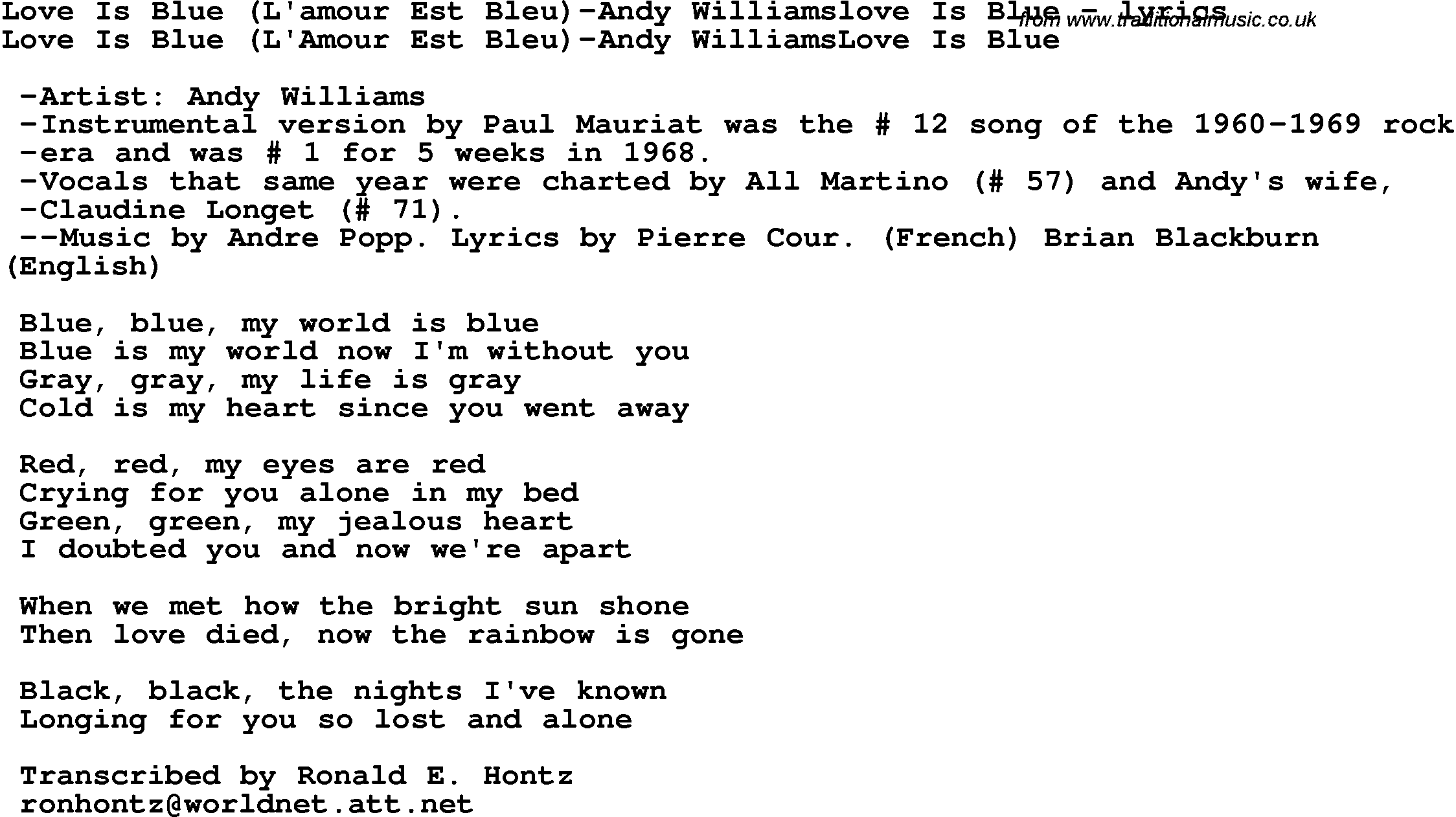 Love Song Lyrics for: Love Is Blue (L'amour Est Bleu)-Andy Williamslove Is Blue