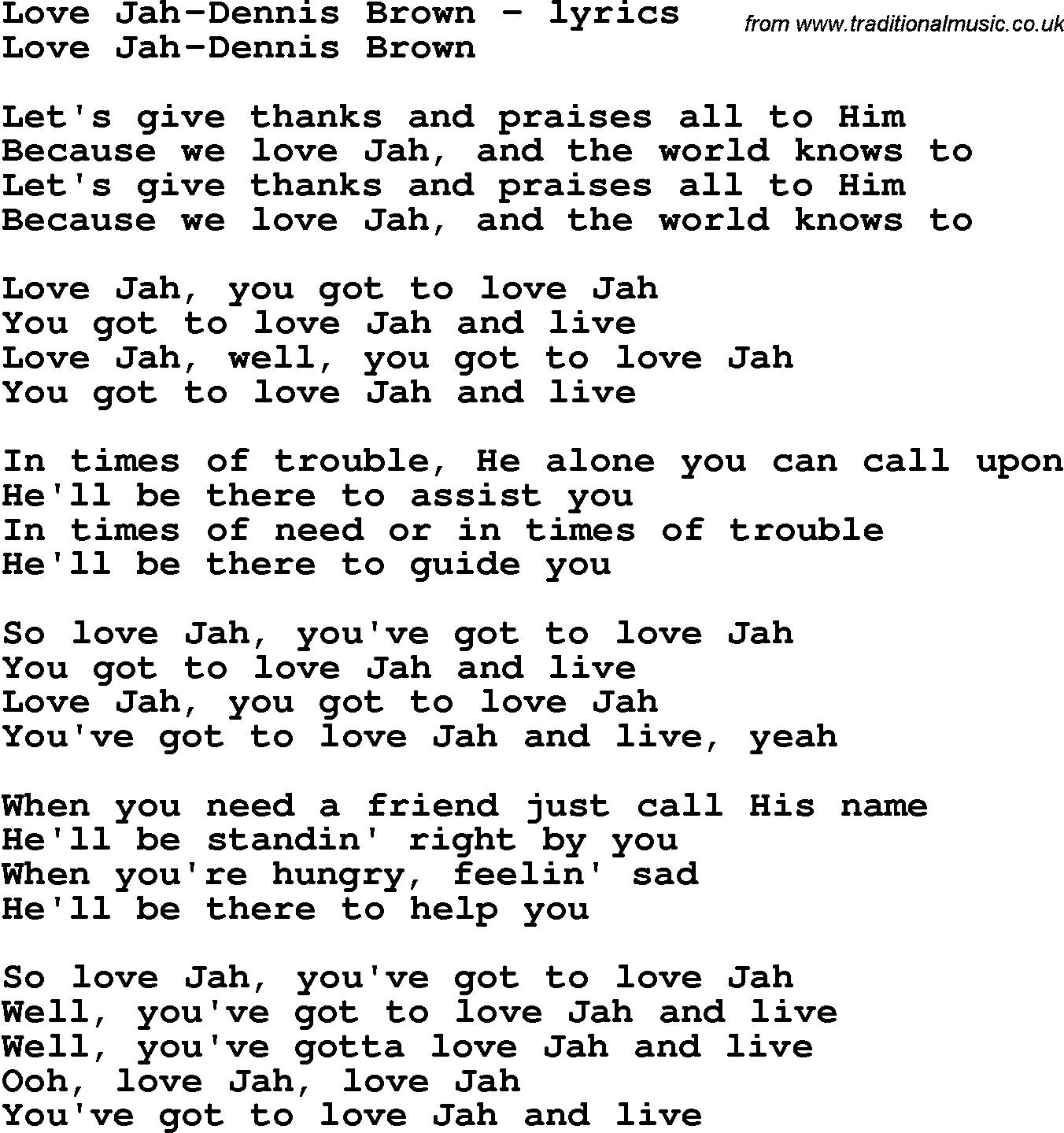 Love Song Lyrics for: Love Jah-Dennis Brown