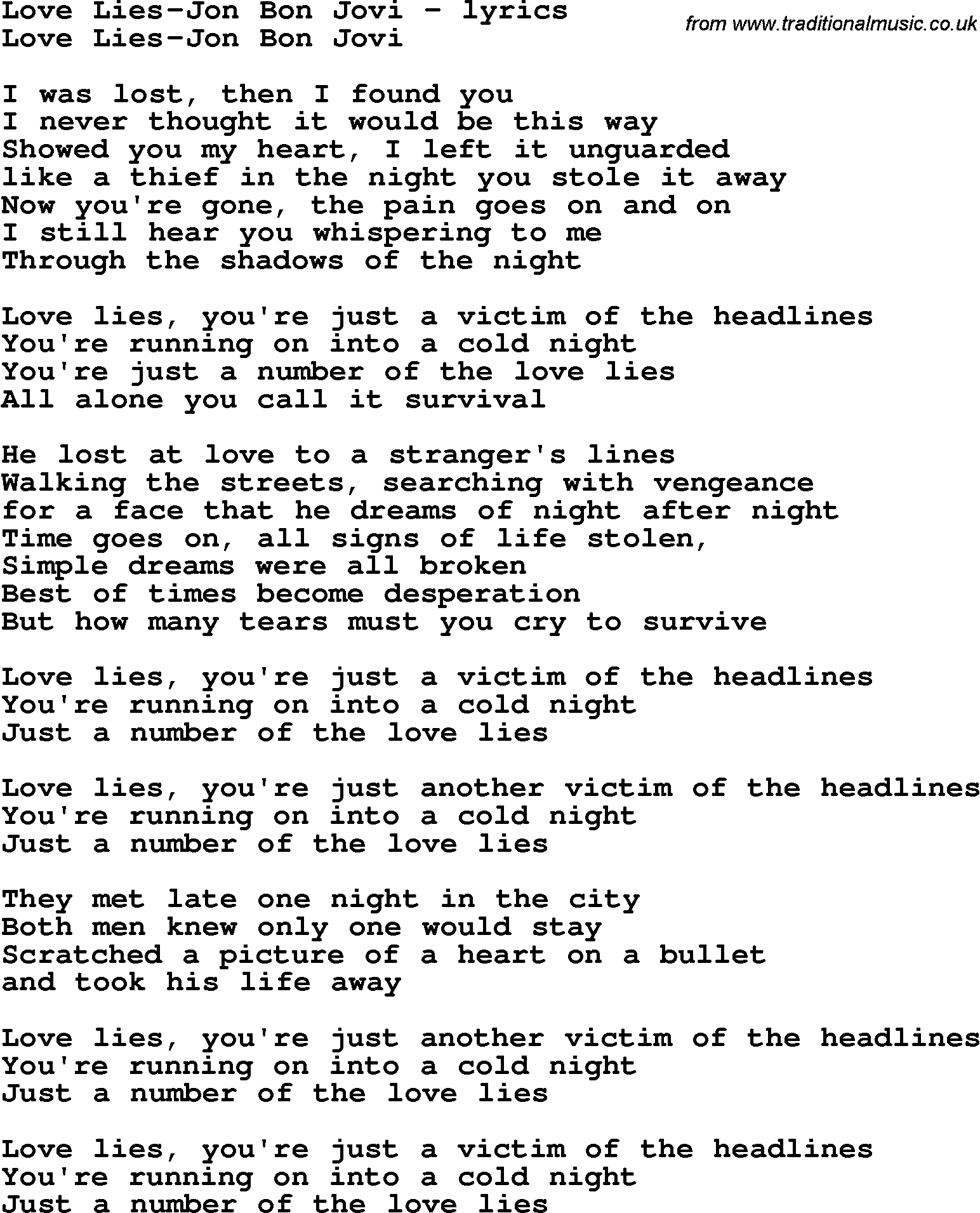 Love Song Lyrics for: Love Lies-Jon Bon Jovi
