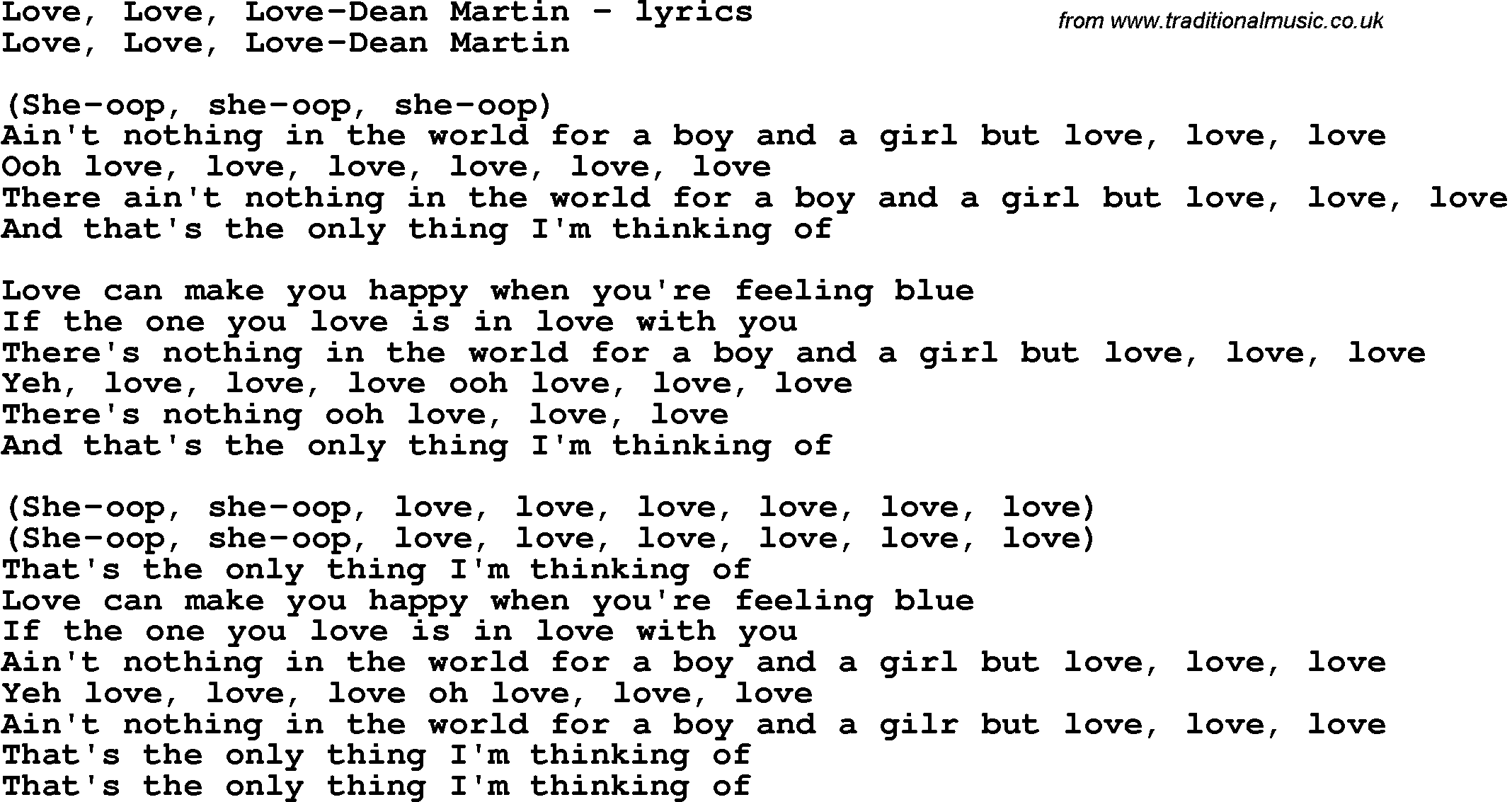 Love Song Lyrics for: Love, Love, Love-Dean Martin