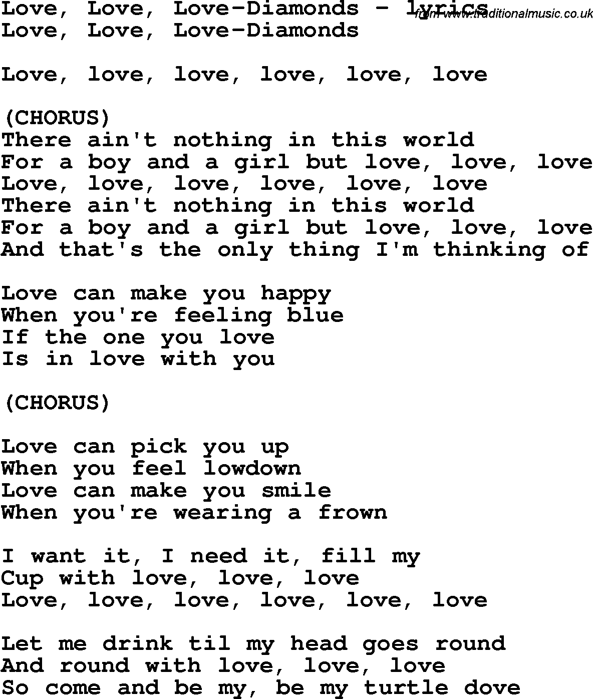 Love Song Lyrics for: Love, Love, Love-Diamonds