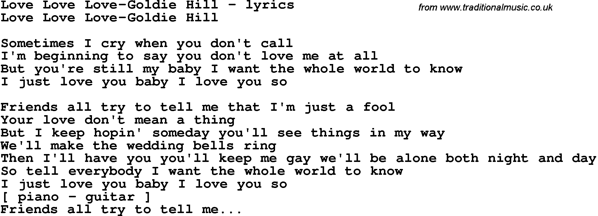 Love Song Lyrics for: Love Love Love-Goldie Hill
