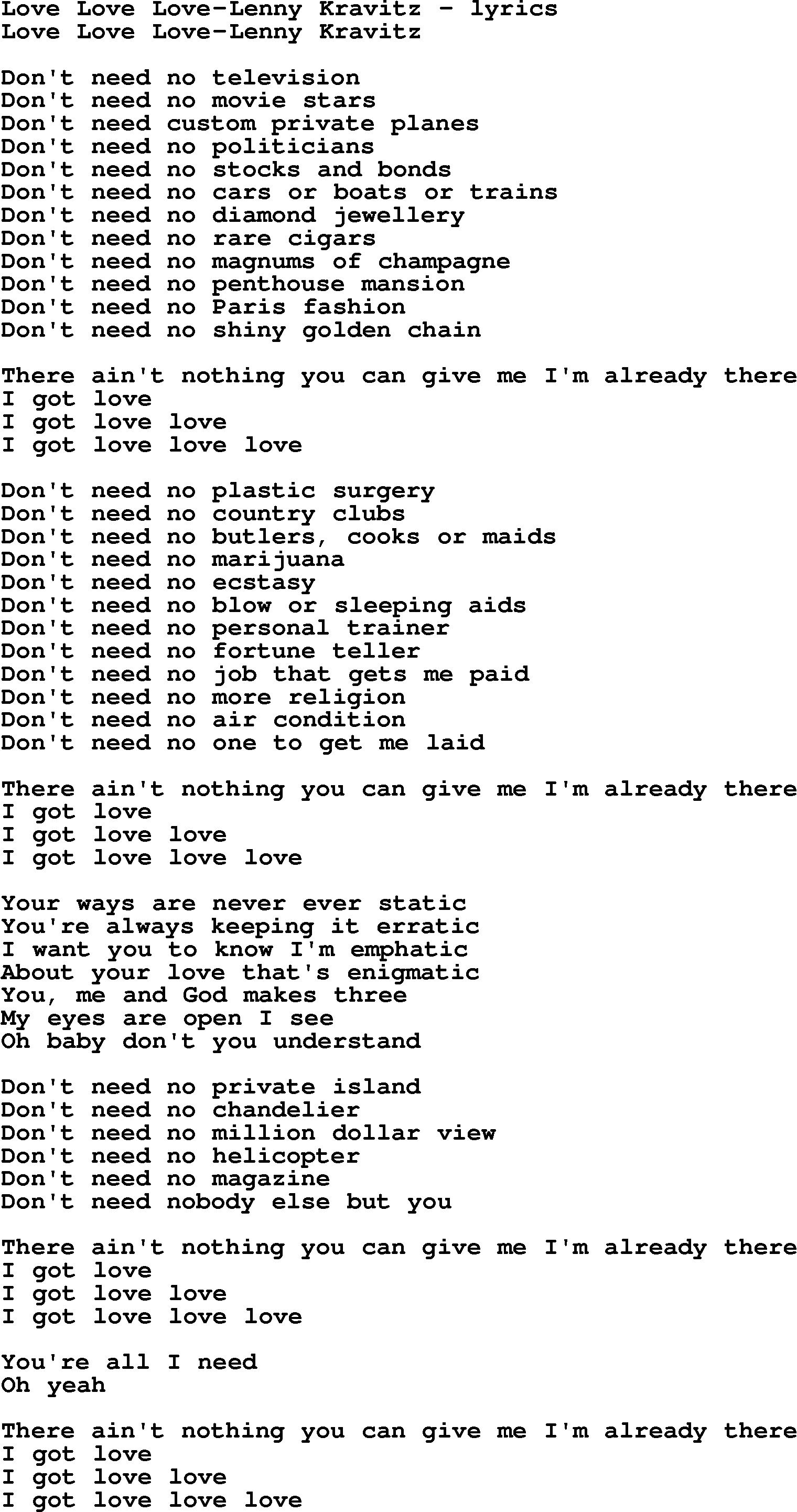 Love Song Lyrics for: Love Love Love-Lenny Kravitz