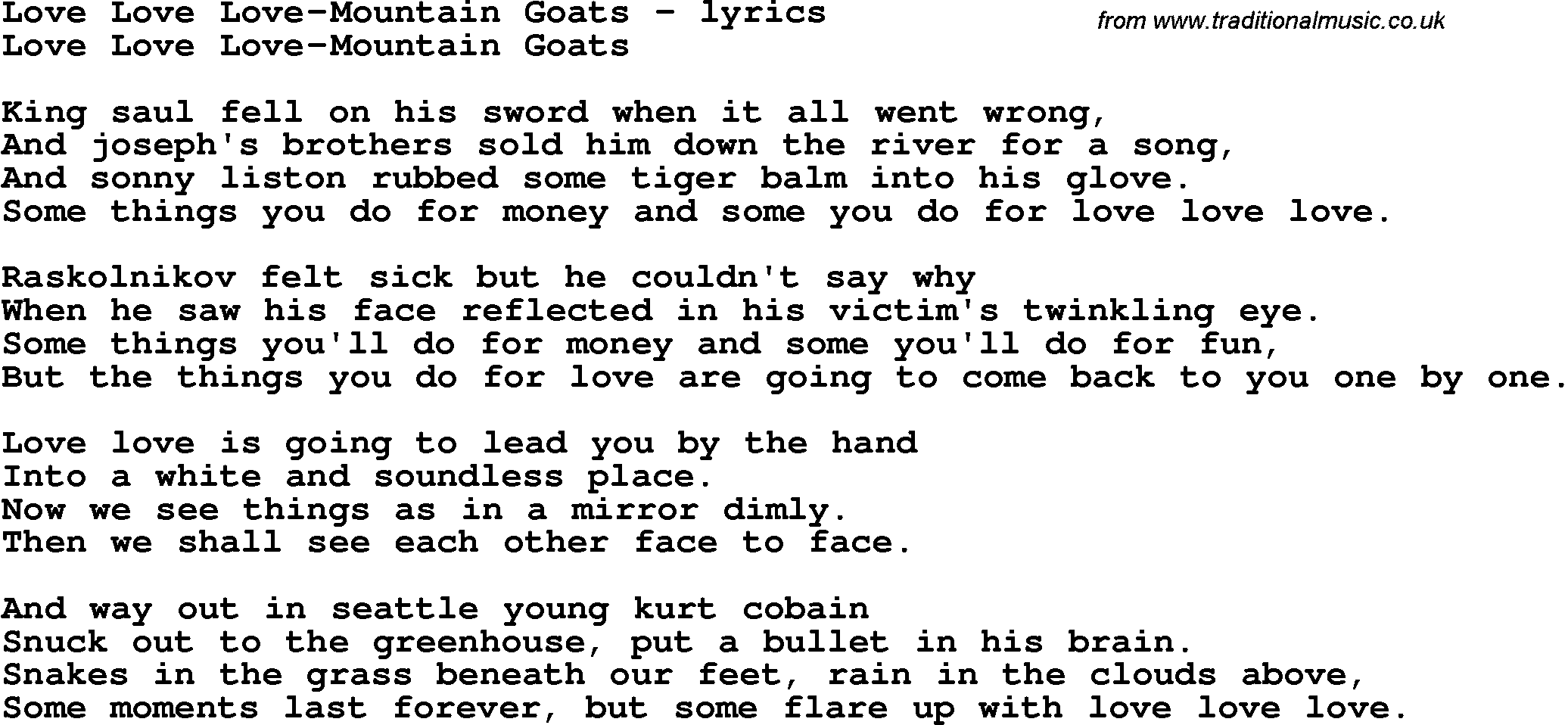 Love Song Lyrics for: Love Love Love-Mountain Goats